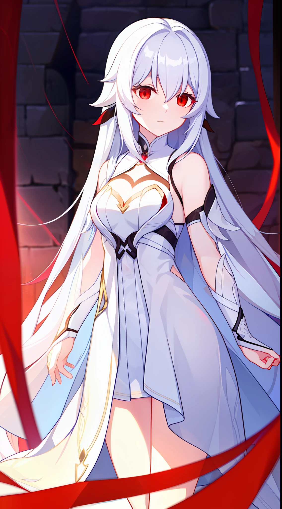 young girl, Long white hair, red-eyes, pale skin, white light translucent dress, bloods, Masterpiece, hiquality