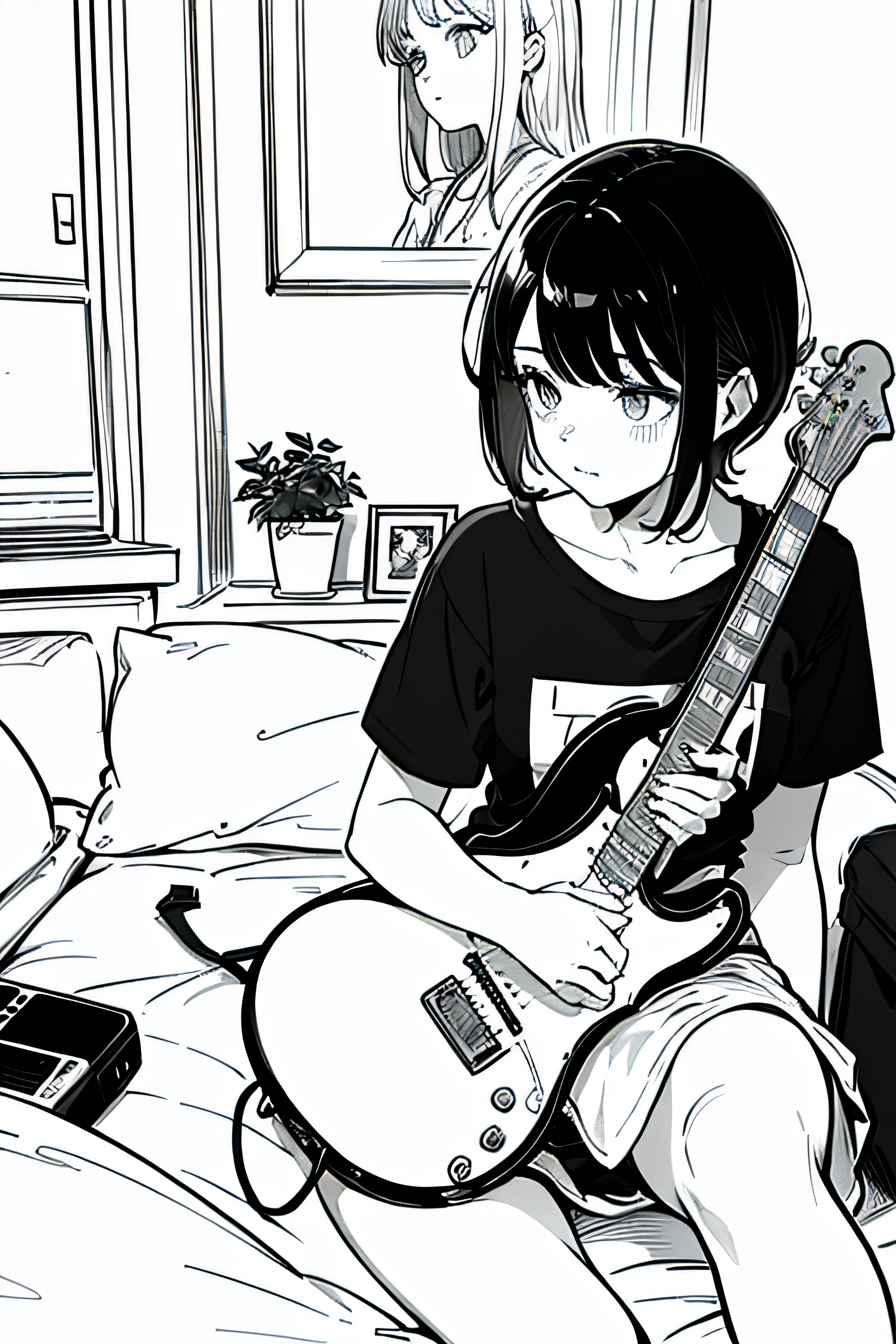 ((masterpiece, best quality)), 1girl, teen, 15yo girl, teen, shirt, (white panties), sitting on bed, (playing electric guitar), black hair, bedroom, lineart, colorful,