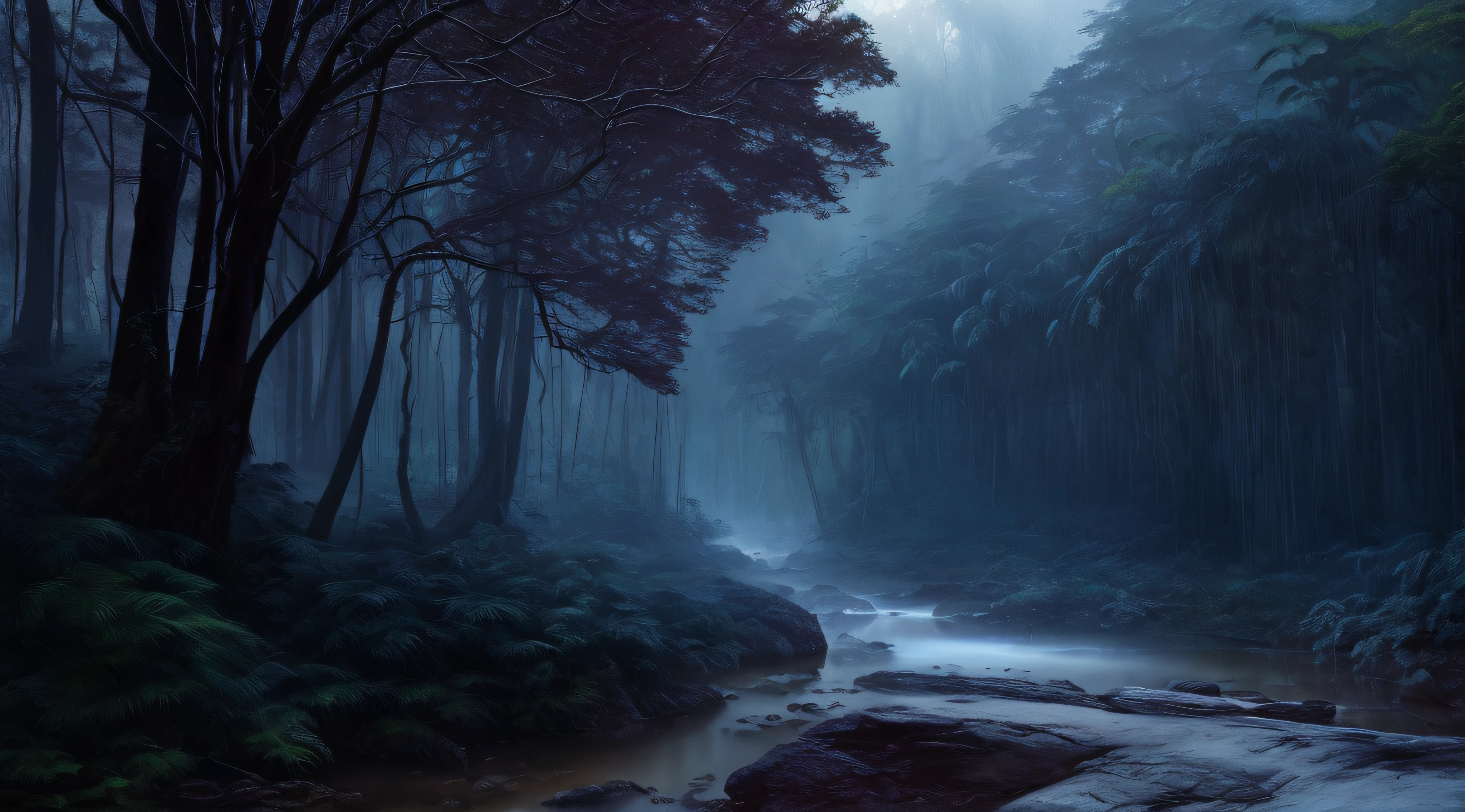 There is a stream running through a forest with trees in the background, 8k resolution digital painting, 8k resolution digital painting, Arte de fantasia enevoada mal-humorada, inspirado em Andreas Rocha, selva estranha, floresta de fantasia escura, Pintura digital 8k, Estilo Andreas Rocha, arte conceitual escura fotorrealista, mystical forest lagoon, floresta sombria, paisagem de fantasia escura