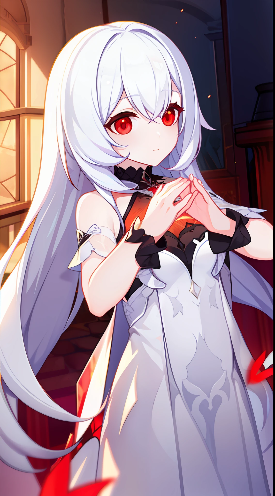 young girl, Long white hair, red-eyes, pale skin, white light translucent dress, bloods, Masterpiece, hiquality
