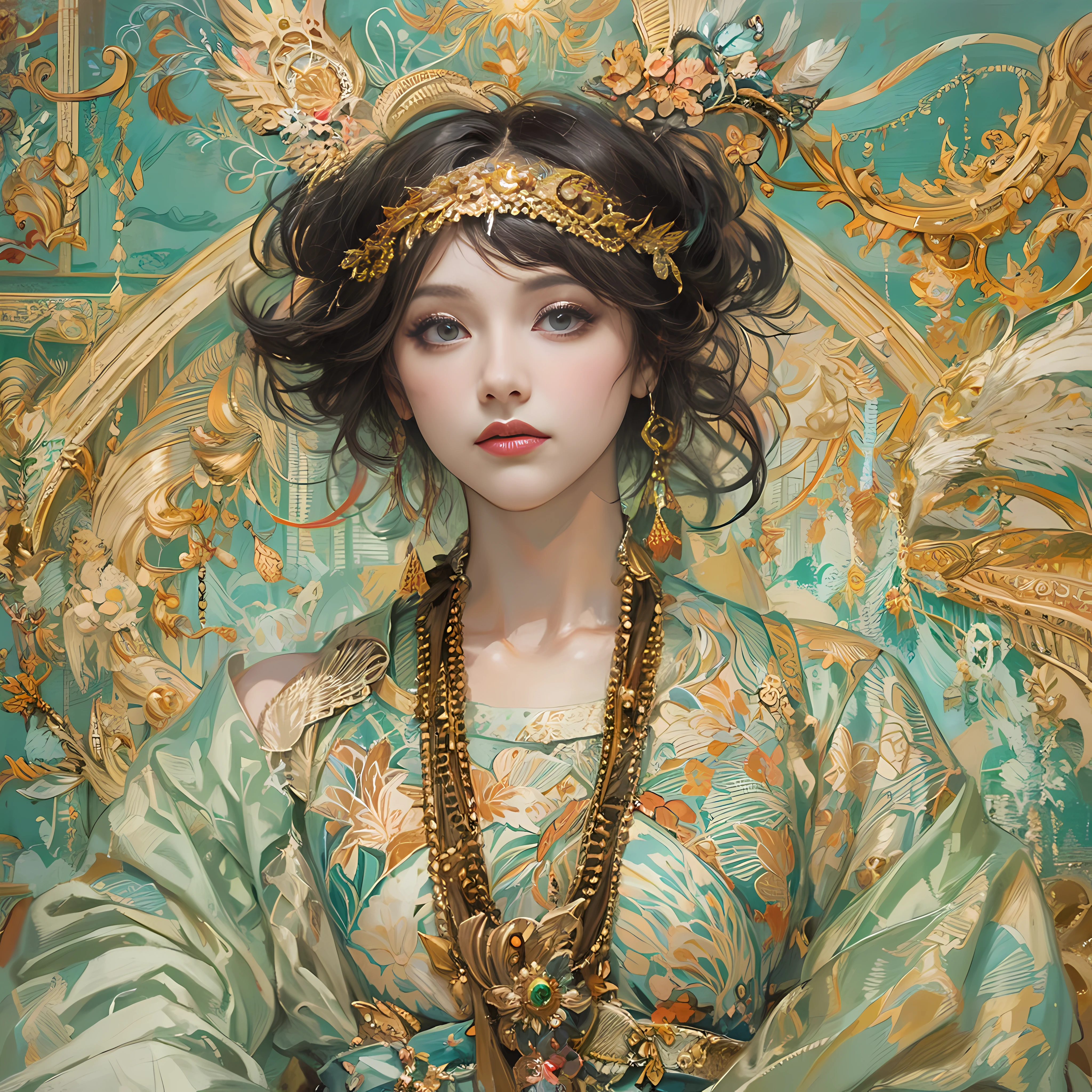 John William Godward，John William Godward，offcial art，统一 8k 壁纸，ultra - detailed，Beauty and aesthetics，tmasterpiece，best qualtiy，（zentangle，datura，Tangles，entangled），（s fractal art：1.3），1girl，The is very detailed，dynamic angle，cowboyshot，The most beautiful form of chaos，Elegant，Fauvist design，vivd colour，romanticism lain，James Jean，Robbie Devi Antono，ross tran，Francis Bacon，Michal Mraz，adrian ghenie，petra cortright，Gerhard Richter，Takato Yamamoto，Ashley Wood，Atmospheric，A note of ecstasy，streaming musical notes visible