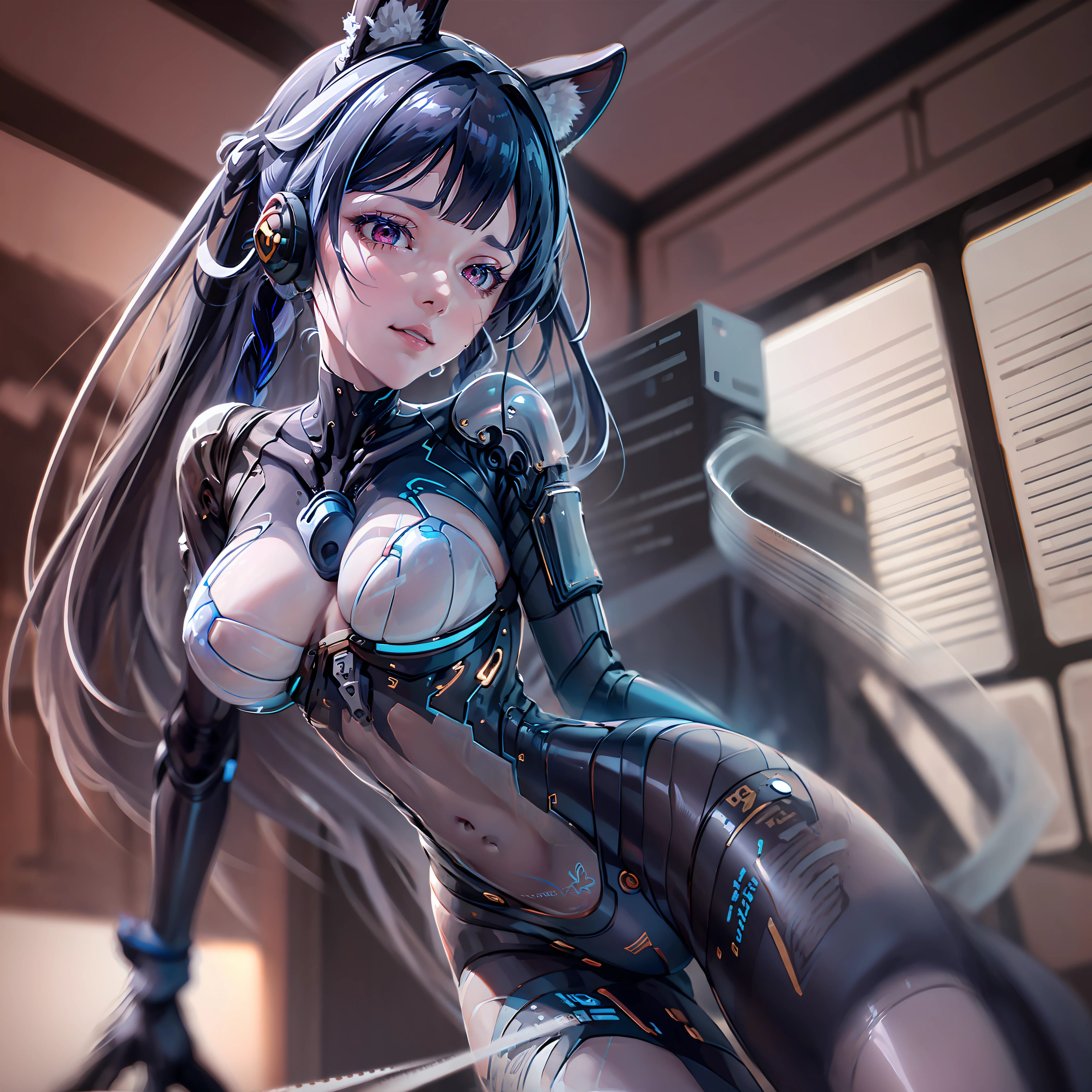 (Golden ratio:1.2),[(Black background:1.4)::10],(Masterpiece), (Best quality), (Ultra detailed),(Disheveled hair),(illustration),(1 girl:1.3),Solo,full bodyesbian,+bunnygirl,(Mechanical Rabbit Ears:1.3)+(Ear headphones),(Pink eyes:1.2)+(Lens pupil:1.3),(Huge breasts)+(Vitreous breast:1.3)+(fake breasts:1.3),Mechanical joints, mechanicalparts, robotic hand, Mechanical thighs, Glowing pink conductive wire,Spring-loaded prosthesis, cyber punk perssonage,Light brown hair,Vest line,(Athletic body shape:1.2),(Lie on the operating table:1.2)+(A pixel-shaped heart-shaped tattoo appears on the crotch:1.3)+[(Inception:1.2)], Verism, Chiaroscuro, Depth of field, anaglyph, shadowing, Close-up, Ultra-wide angle, hyper HD, Anatomically correct, Textured skin, Super detail, High quality, 1080p
