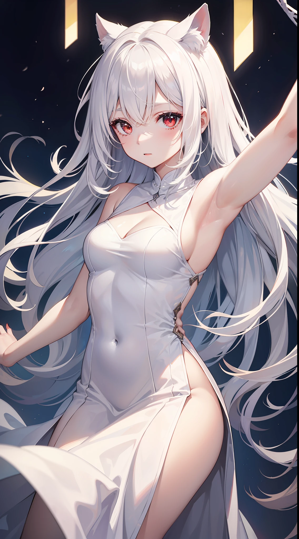 young girl, Long white hair, red-eyes, pale skin, white light translucent dress, bloods, Masterpiece, hiquality