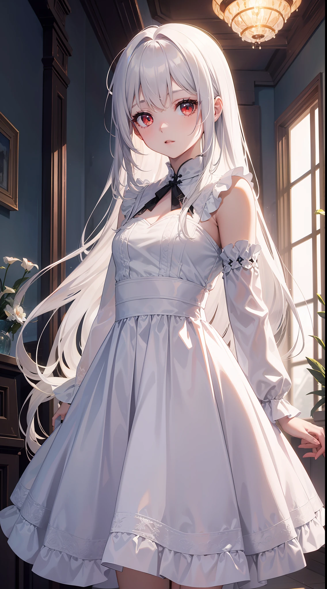 young girl, Long white hair, red-eyes, pale skin, white light translucent dress, bloods, Masterpiece, hiquality