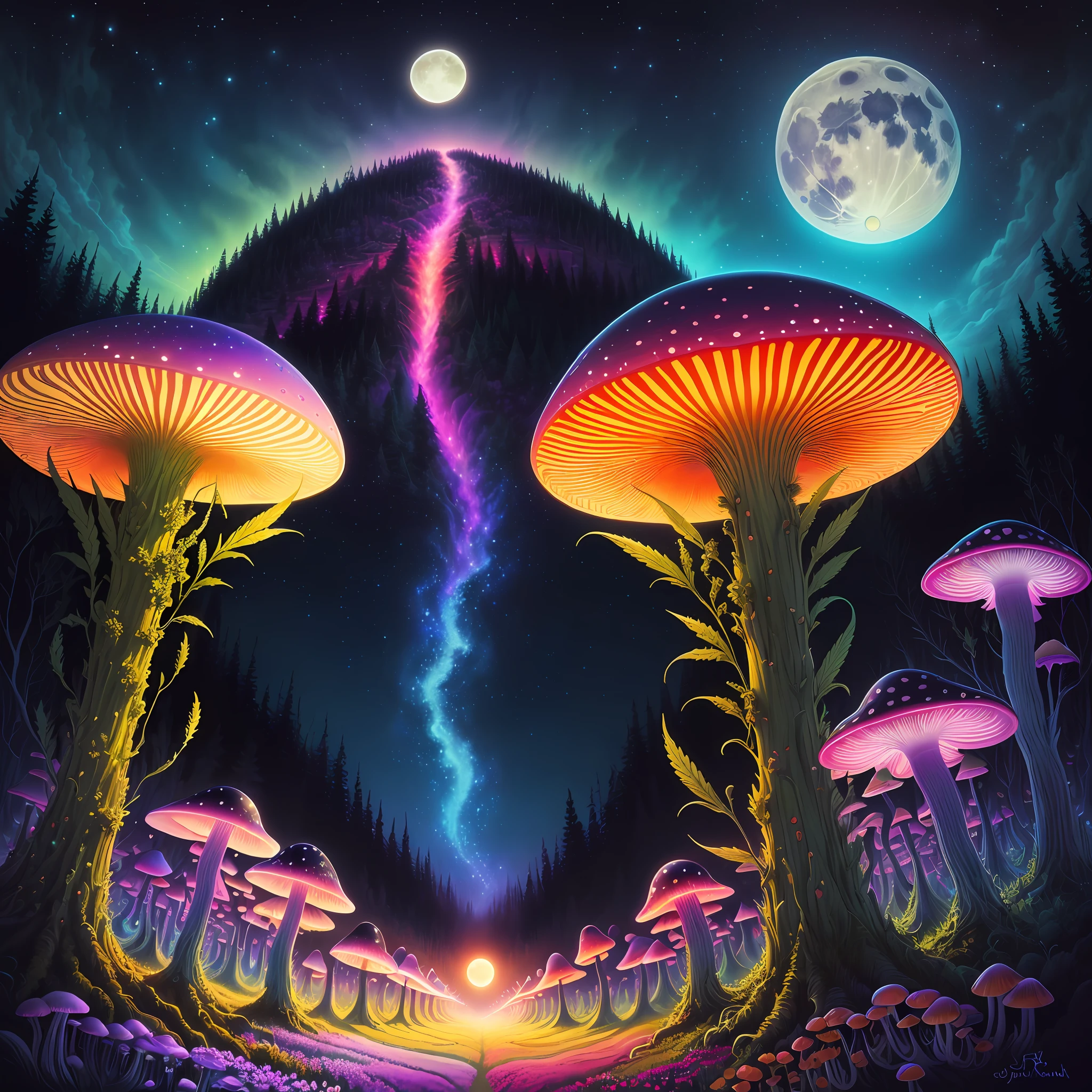 painting of a les Paul guitar rest in a field of mushrooms with a full moon in the background, e mushrooms, psychedelic mushrooms dream, trippy art, psychedelic mushrooms, psychedelic illustration, james r. eads, trippy mushroom, psychedelic art style, magic mushrooms, shrooms, by Justin Gerard, fluorescent mushrooms, mushrooms milky way, psychedelics, psychedelic artwork, psychedelic art, psychedelic landscape, psychedelic surreal art, psychedelics flowers of cannabis sativa between the mushrooms