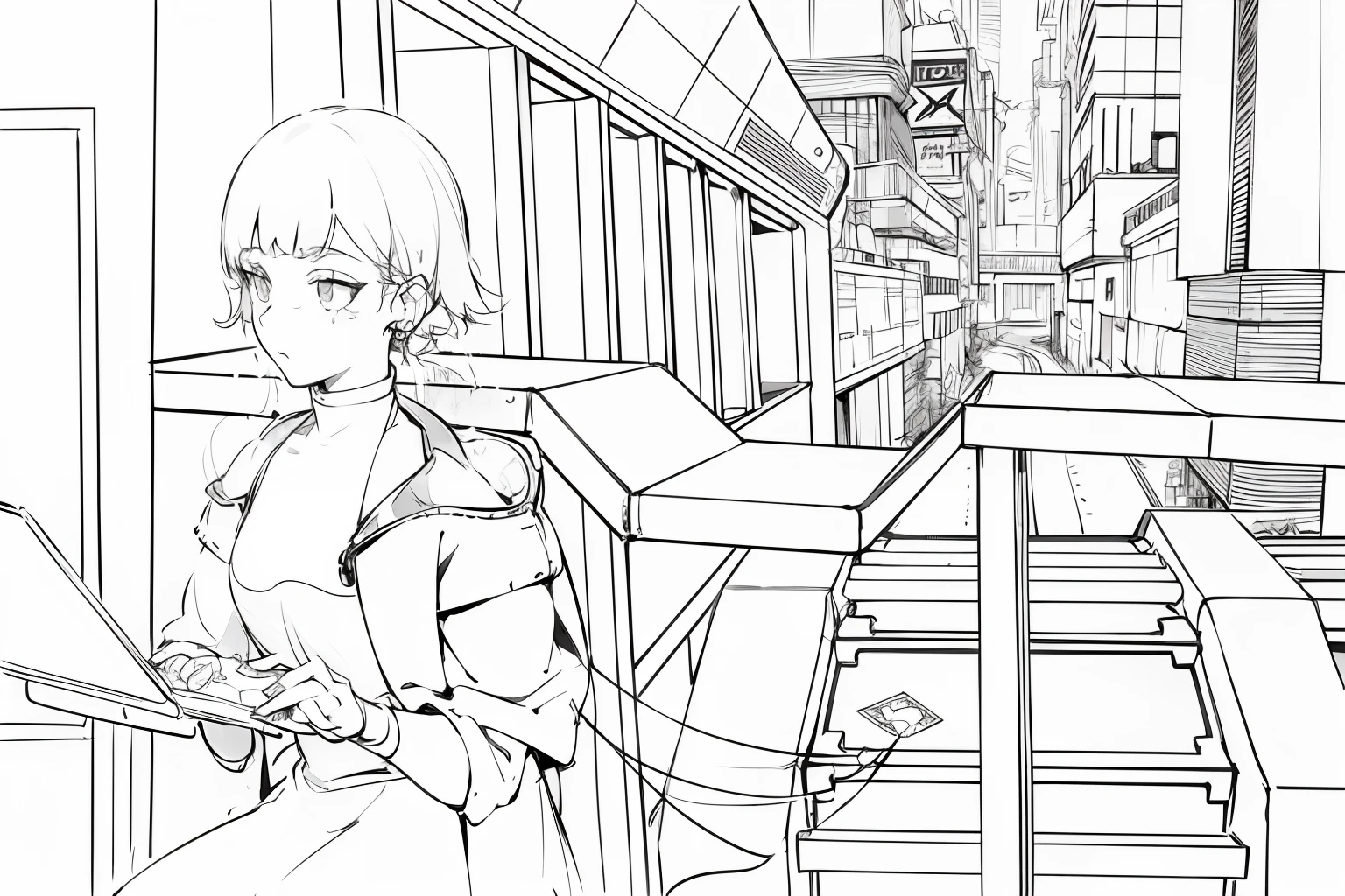 animemanga girl，anime city lineart, heavy lineart, thick lineart, clean lineart, clean anime outlines, anime style cityscape, bold lineart, intense line art, forest city streets behind her, in front of a sci fi cityscape,raining day，tmasterpiece，best qualtiy，high qulity，Extremely detailed CG cyberpunk style with delicate skin，Cyberpunk girl，Luminous earrings，Glowing necklace，The streets are crowded with passers-by，Girl operating computer，Half of the face