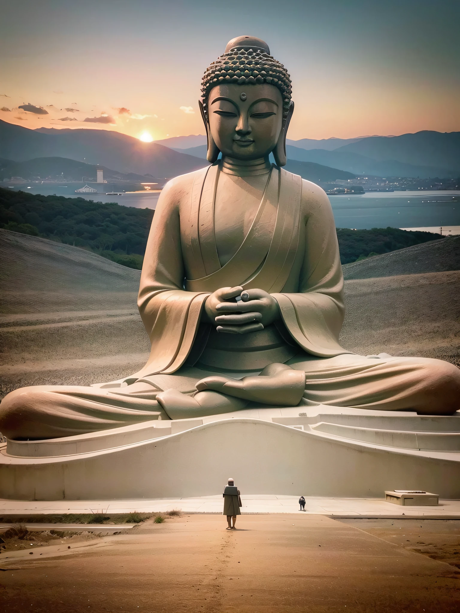 Buddha statue sitting on the beach,A person walks in the distance, a Buddhist Buddha, Buddhism, Buddha, Buddhist, centered in picture, Beautiful image, Meditating, Guanyin, author:Matt Stewart, enlightening, On the road to enlightenment, marc adamus, Buddhist monk meditation, prayer meditation, monk meditation, Meditation, On the beach sits a statue of a man, a Buddhist Buddha, Buddhist, Buddha, Buddhism, marc adamus, floating in a powerful zen state, Zen meditation, Pray with your hands crossed over your chest,powerful zen composition, enlightening, serene emotion, inspired by Kaigetsudō Anchi, Meditation, inspired by Kaigetsudō Ando, On the road to enlightenment, inner peace, Serene expression,The mountains in the distance are set against the green mountains,The sea is clear and blue,8K quality,hyper HD,Master handwriting --auto