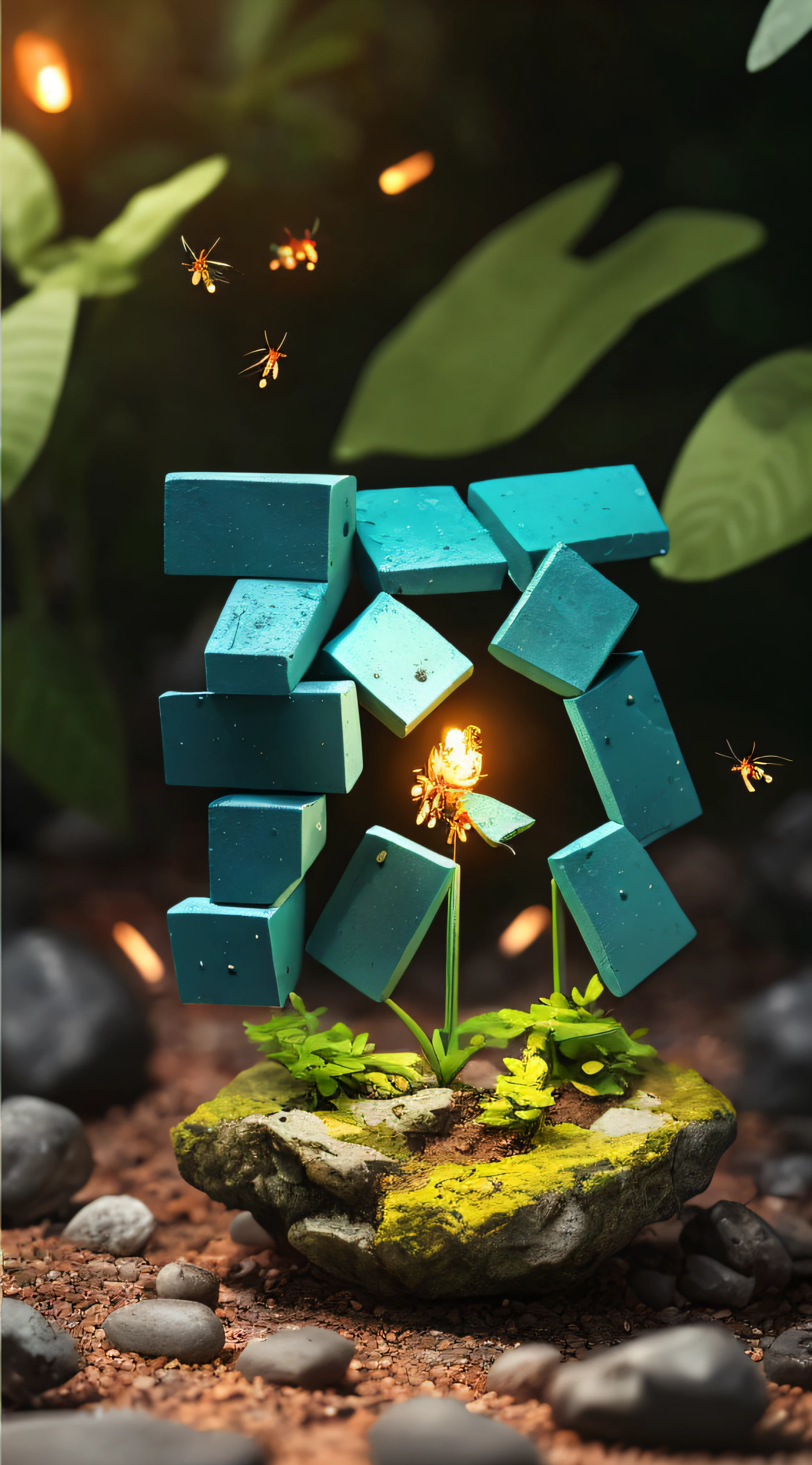 offcial art,Unity 8K wallpaper,Ultra detailed,Beautiful and aesthetic,Masterpiece,Best quality,Photorealistic,glowworm,in woods (Firefly:1.3),water dripping,Various rocks,((Masterpiece)),((Best quality)),Miniature,8K,rendering by octane,