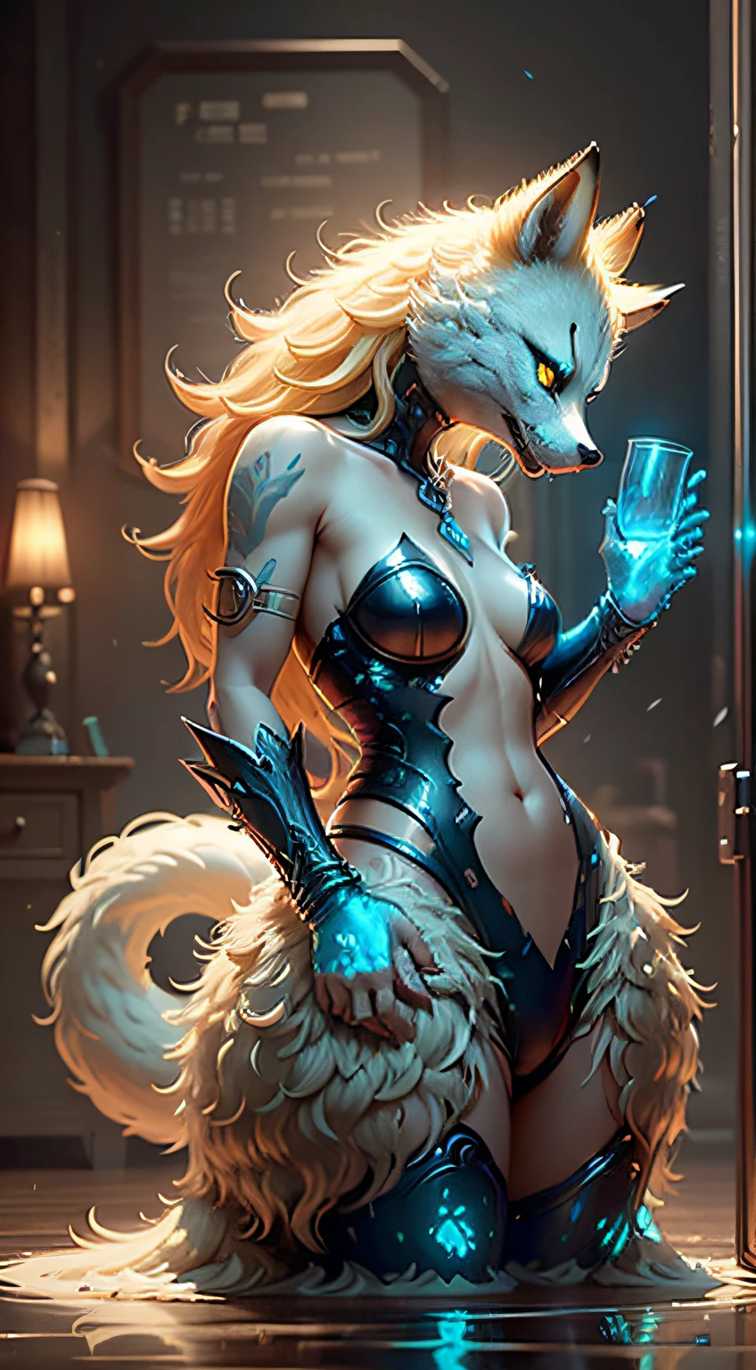 Fantastic Beasts concept art, colorful crystal glass nine-tailed fox mythical beast design with sparkling tail, ancient Chinese mythology, lady luck cloud background beast, glowing yellow eyes, epic HD CG rendering, majestic, lifelike, aqua blue like the sea, reflection, cinematic post-processing, lots of fine detail, depth of field, surrealism and cyberpunk style, octane rendering, fantasy engineering 32K,