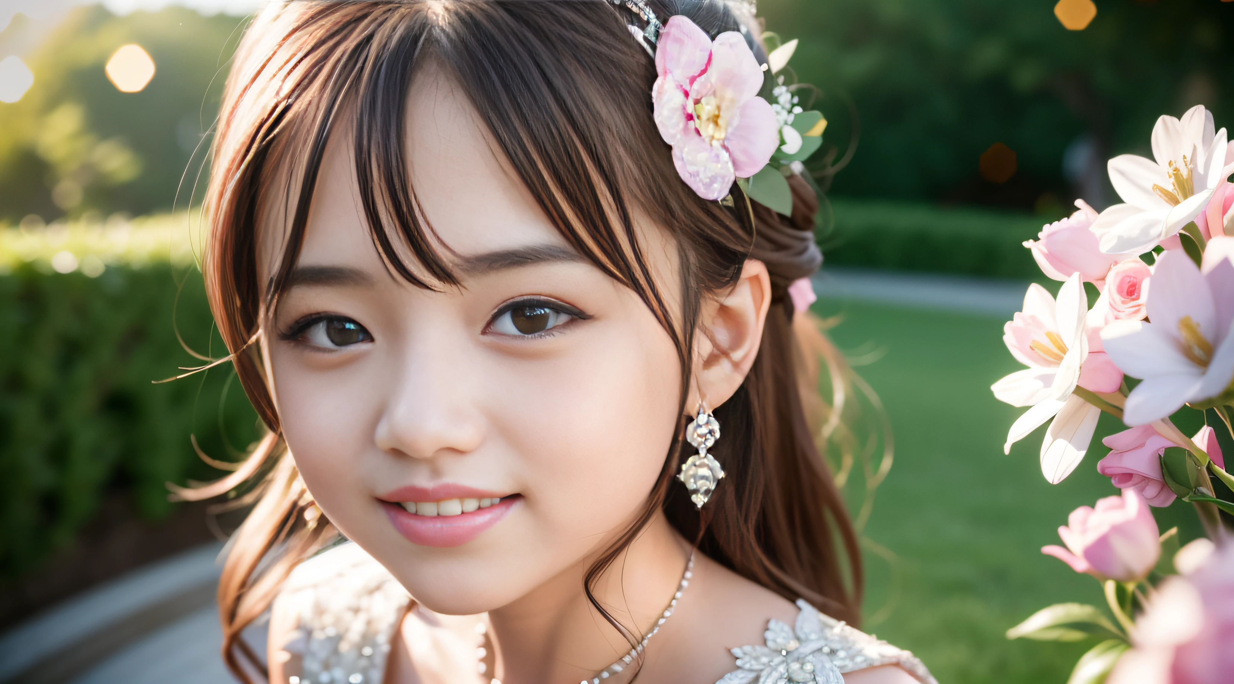 masterpiece、top-quality、hightquality、Highly detailed CG Unity 8k wallpapers、Bokeh、depth of fields、HDR、Bloom、chromatic abberation、Photorealsitic、ighly detailed、Convoluted、High Details、flower garden、(女の子1人)、Super cute little face、Super beautiful eyes、Super beautiful brown hair、ssmile、portraitures、White teeth、Long、weddingdress(pink:1.2)、bride、Shot with CANON EOS R6 Mark II