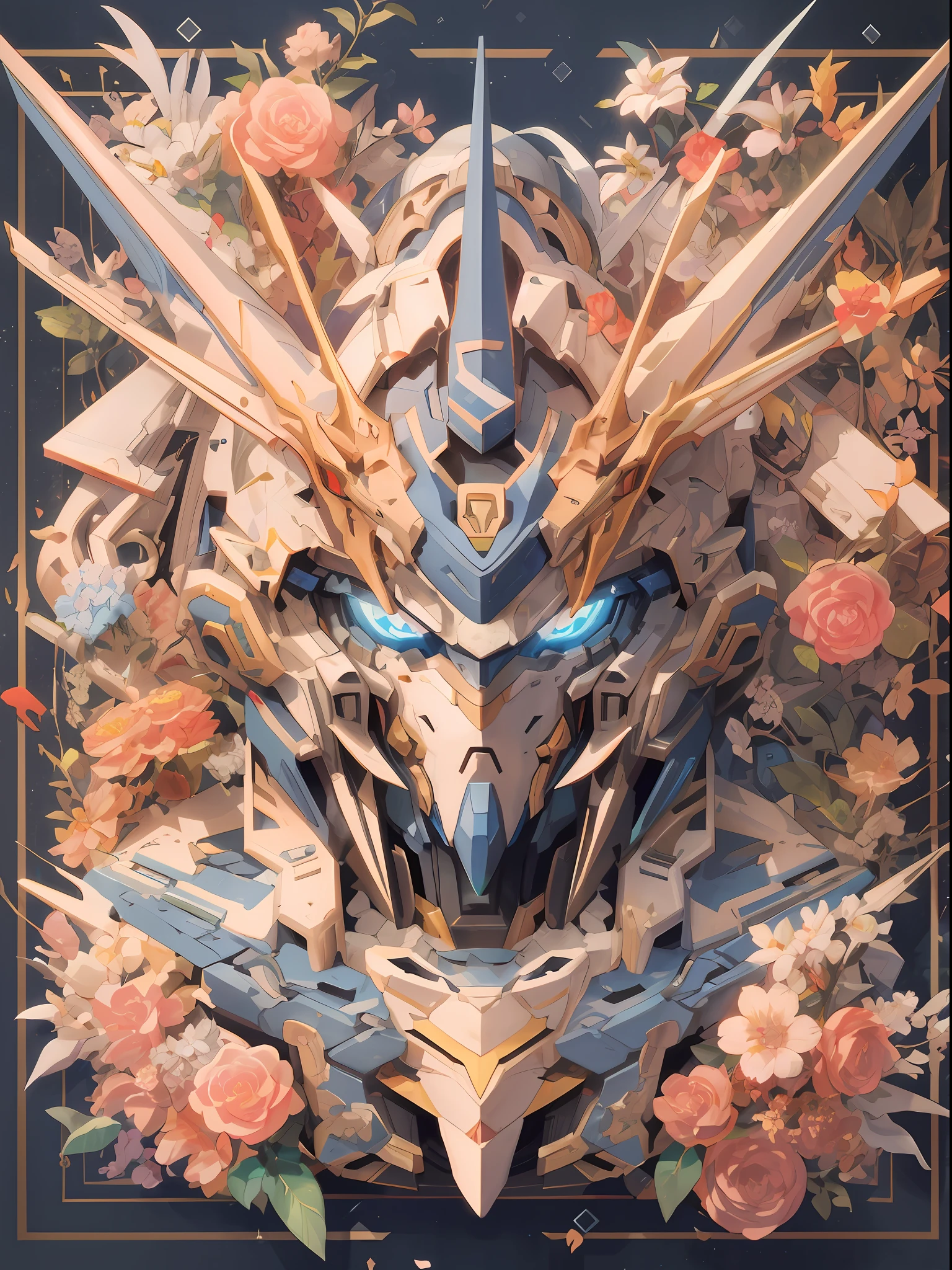 there is a digital art of a blue and gold mask with flowers, robot mecha female dragon head, 4k highly detailed digital art, 4k detailed digital art, cyborg dragon portrait, 8k high quality detailed art, 4k detailed art, 4 k highly detailed art, detailed digital anime art, anime mecha aesthetic, gundam head, high detailed official artwork