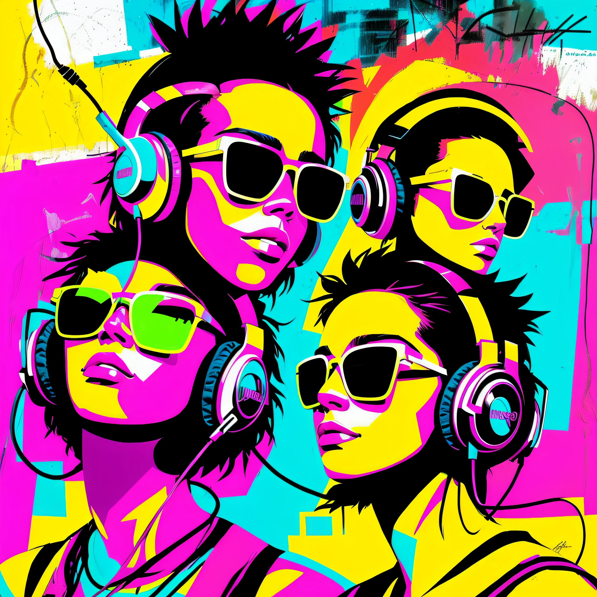 1 gorgeous Underground girl with neon sunglasses and perfect enjoying listening to music with headphones, neoexpressionismo, Basquiat futurista, --auto