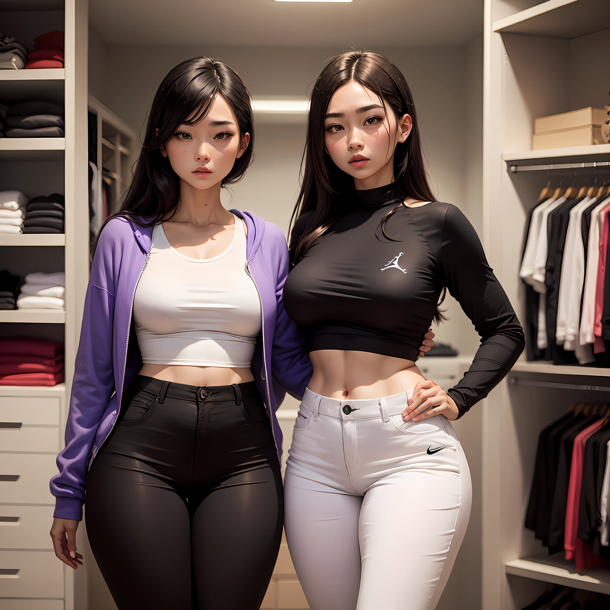 Closet up se uma mulher japonesa sedutora sexy de cabelos pretos e seios grandes, wearing black top and purple women's pants, wearing Nike Jordan tennis, Arte no estilo realista) (imagem da alta qualidade