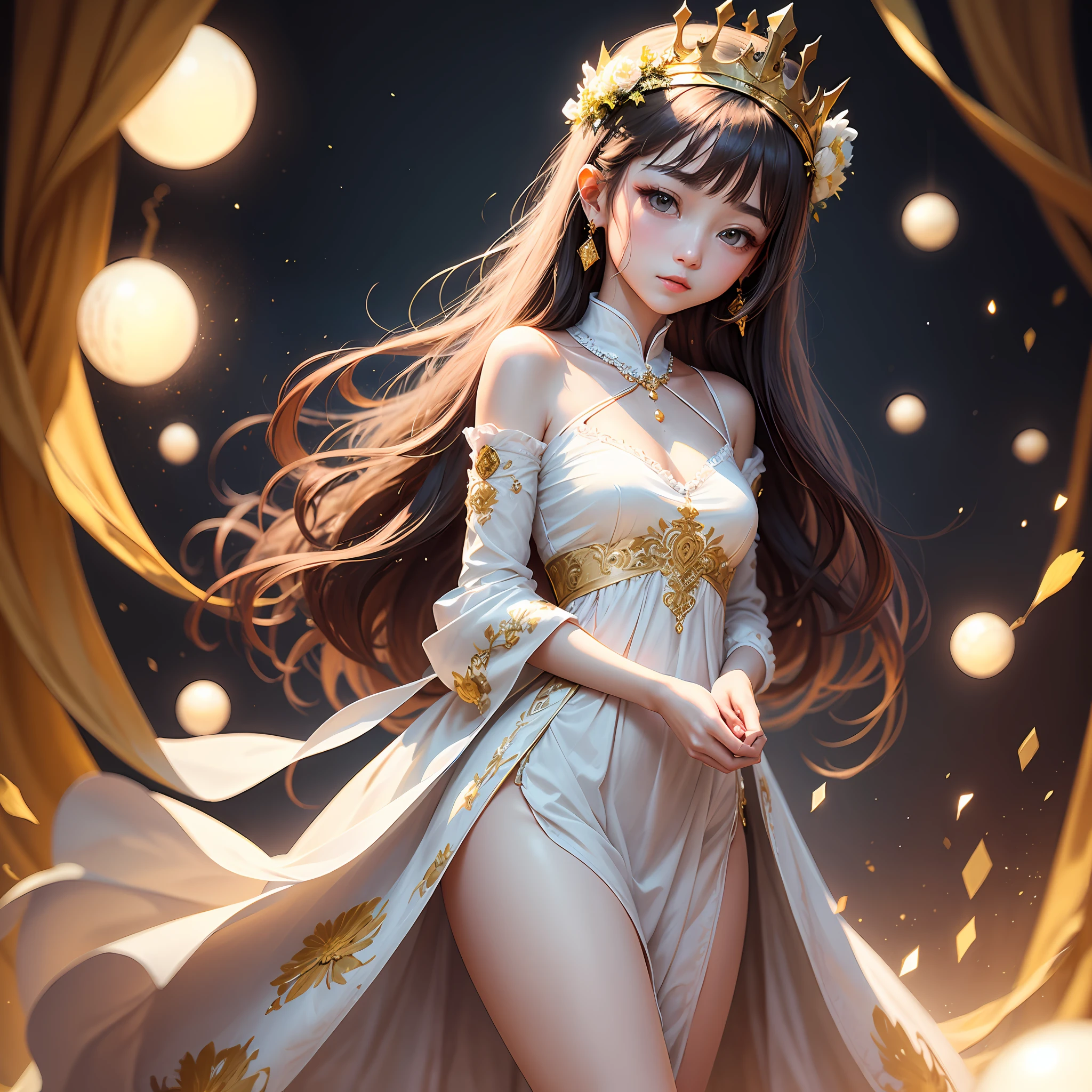 One dressed in white，Embroidered with gold flowers ，Delicate girl，With a crown，Holding a sparkling night pearl，The light effect is soft，The hue is warm yellow。 --auto