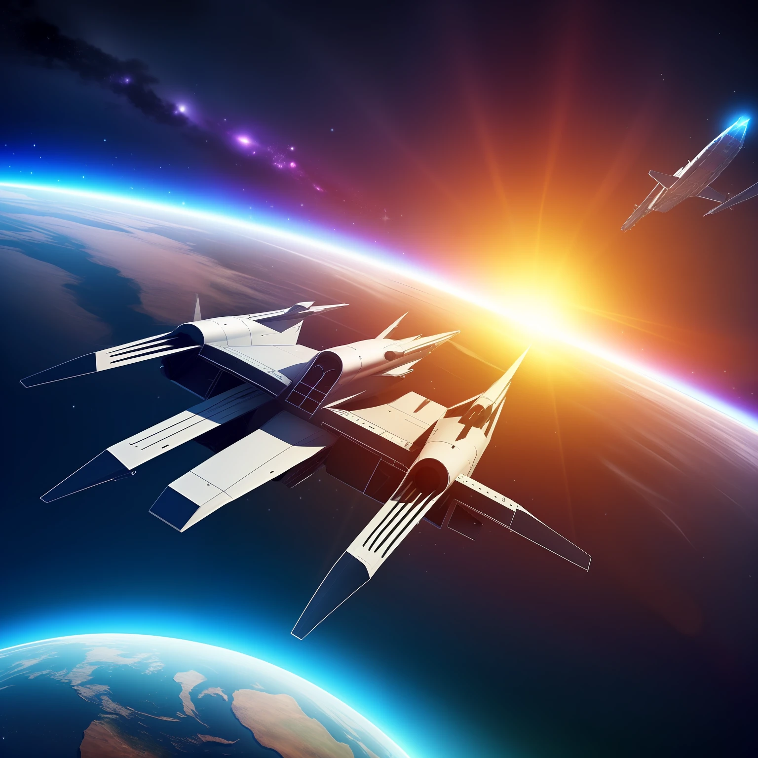 Spaceship, Exploratory universe, k hd, The background is a glowing planet, Full full-body display of the ship, high light --auto