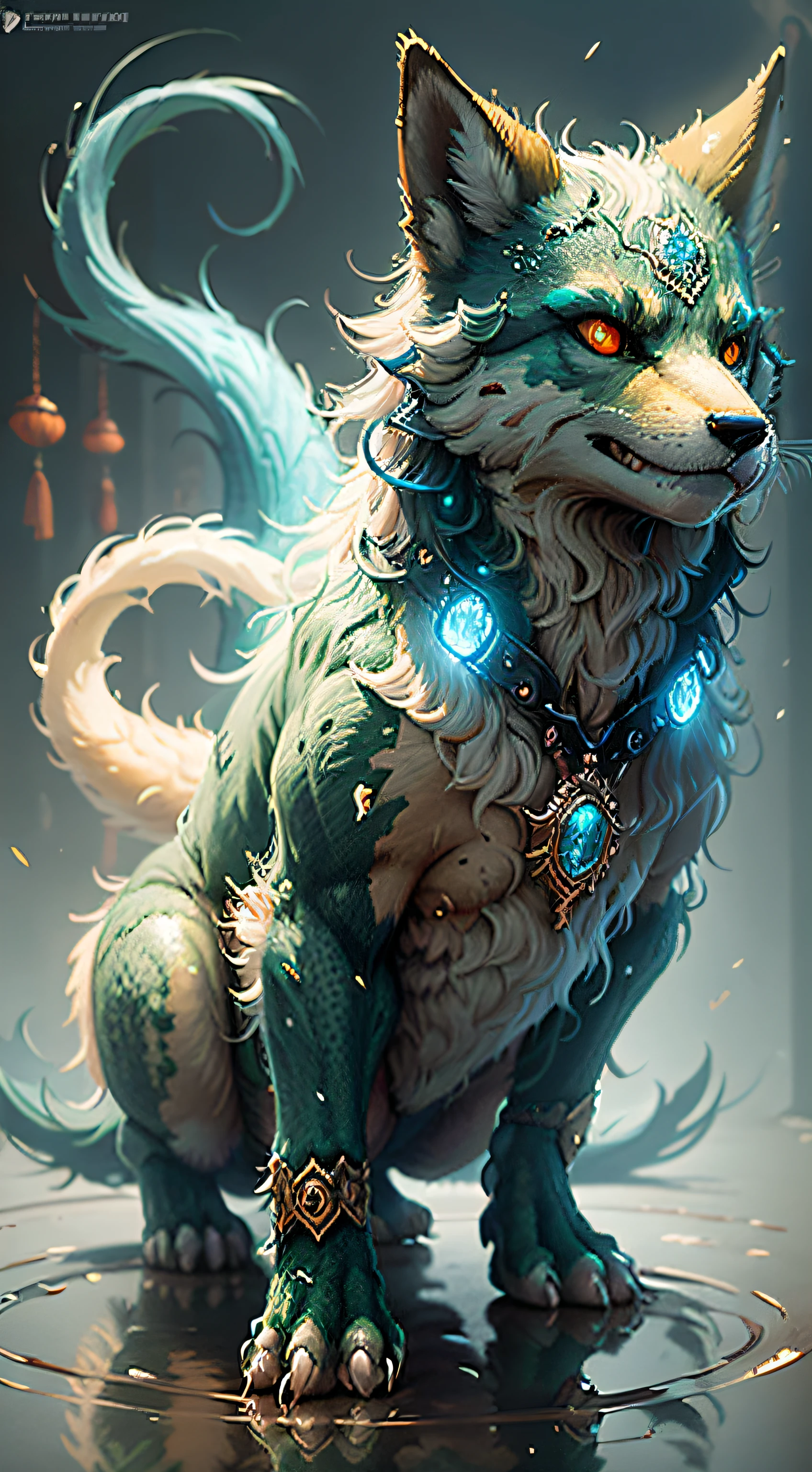 Fantastic Beasts concept art, colorful crystal glass nine-tailed fox mythical beast design with sparkling tail, ancient Chinese mythology, lady luck cloud background beast, glowing yellow eyes, epic HD CG rendering, majestic, lifelike, aqua blue like the sea, reflection, cinematic post-processing, lots of fine detail, depth of field, surrealism and cyberpunk style, octane rendering, fantasy engineering 32K,