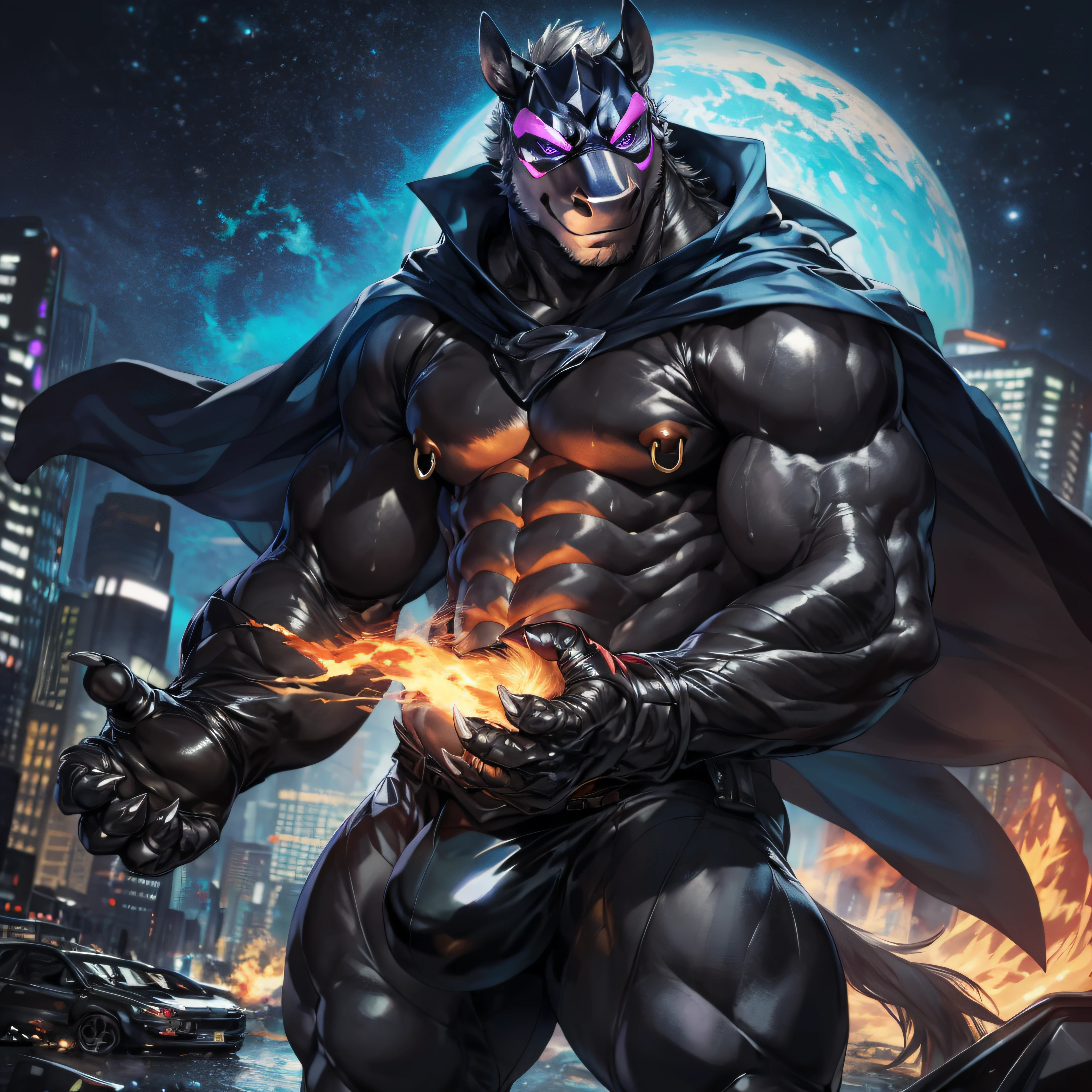 2d, masterpiece, best quality, 4k, 8k, ultra highres, raw photo in hdr, sharp focus, photo realism ,real life like, in a night city, detailed background, solo, (gloves, mask, skin tight), big pink, sweat, (by null-ghost, by thebigslick, by darkgem, by honovy), horse anthro, male focus, perfect purple eyes, full body, Nipple ring, Whole Body, cape, Full View, Villain, Bad Guy, Evil, destroyed car, smirk, crazy, claws, fire, Massive bulge (Touching), bedroom eyes,