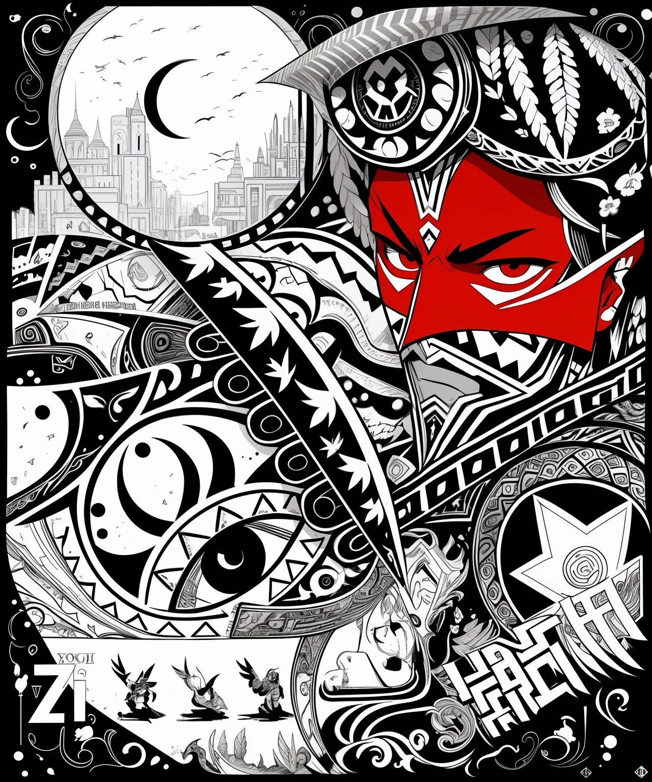 Draw red masks and black and white pictures, Official illustration, Cover art, art cover illustration, highly detailed cover art, cover illustration, Poster illustration, !!! very coherent!!! vectorial art, tribal red atmosphere, Artistic cover, Detailed cover artwork, Official artwork, Fanart, black and white vector art, poster cover art, folkloric illustration --auto