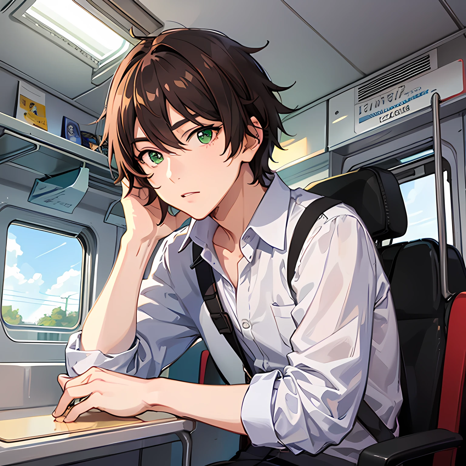 Detailed digital anime art,Brown-haired boy,sideface,clear green eyes,long eyelasher,The sun shines on the tip of his nose,He leaned back in the train seat