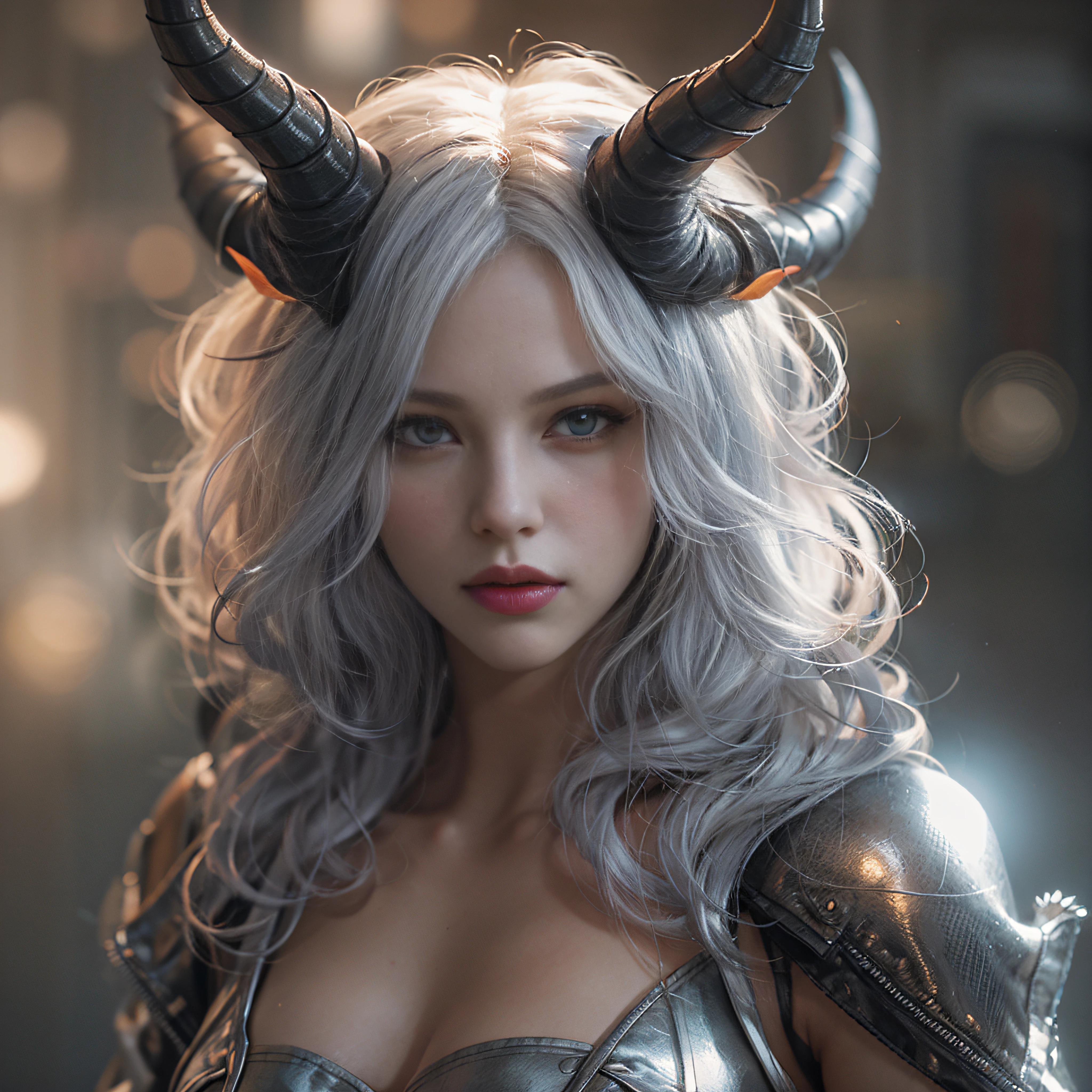 Succubus Maiden, Plump body, The Mark of the Succubus, Color expressions, demon tail, Sexy clothes, sexyposture, silver hair, shiny hair, wavy hair, demon horns, heavy breathing, full blush, high detail, Contemporary art, depth of field, sparkle, chiaroscuro, ray tracing, lens flare, Sony FE, best quality, textured skin