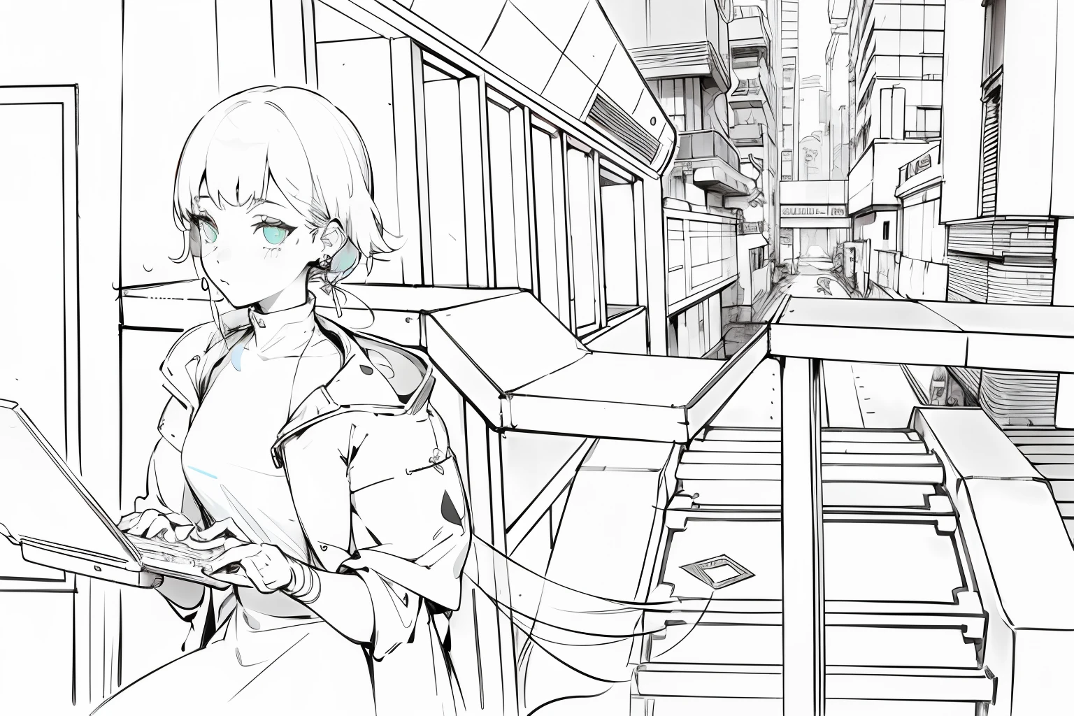 animemanga girl，Neon colors，anime style cityscape, bold lineart, intense line art, forest city streets behind her, in front of a sci fi cityscape,raining day，tmasterpiece，best qualtiy，high qulity，Extremely detailed CG cyberpunk style，Delicate skin，Cyberpunk girl，Luminous earrings，Glowing necklace，The streets are crowded with passers-by，Girl operating computer，Exquisite street view，neonlight，long  white hair，