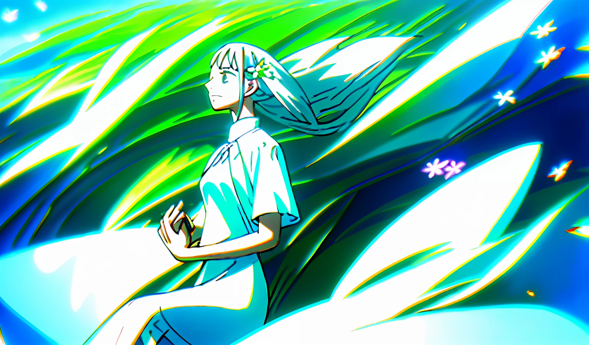 (masterpiece, best quality),1girl with long white hair sitting in a field of green plants and flowers, her hand under her chin, warm lighting, white dress, blurry foreground