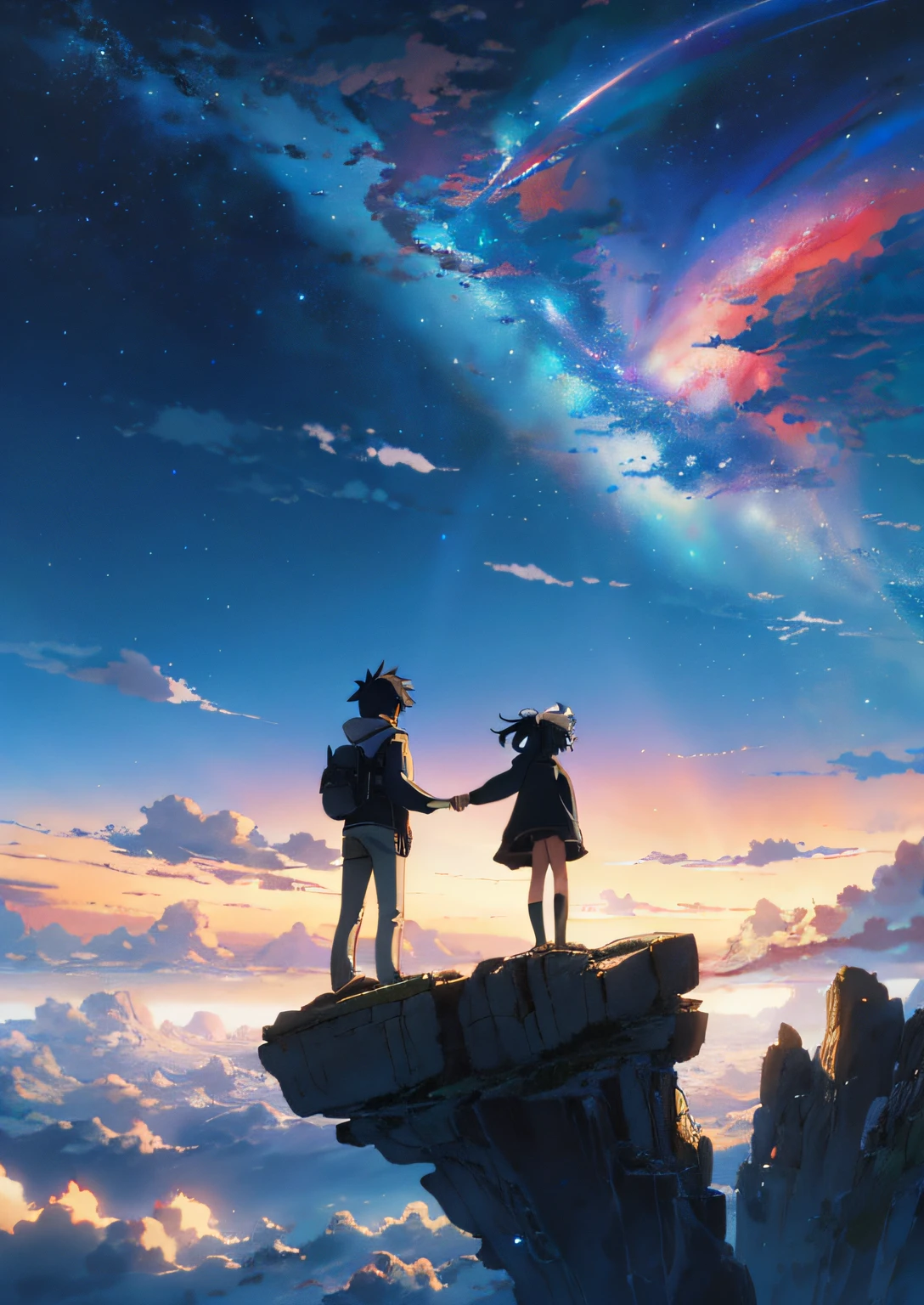 anime scenery of two people standing on a rock looking at the sky, cosmic skies. by makoto shinkai, makoto shinkai cyril rolando, beautiful anime scene, anime sky, anime art wallpaper 4 k, anime art wallpaper 4k, anime art wallpaper 8 k, anime beautiful peace scene, in style of makoto shinkai, 4k anime wallpaper