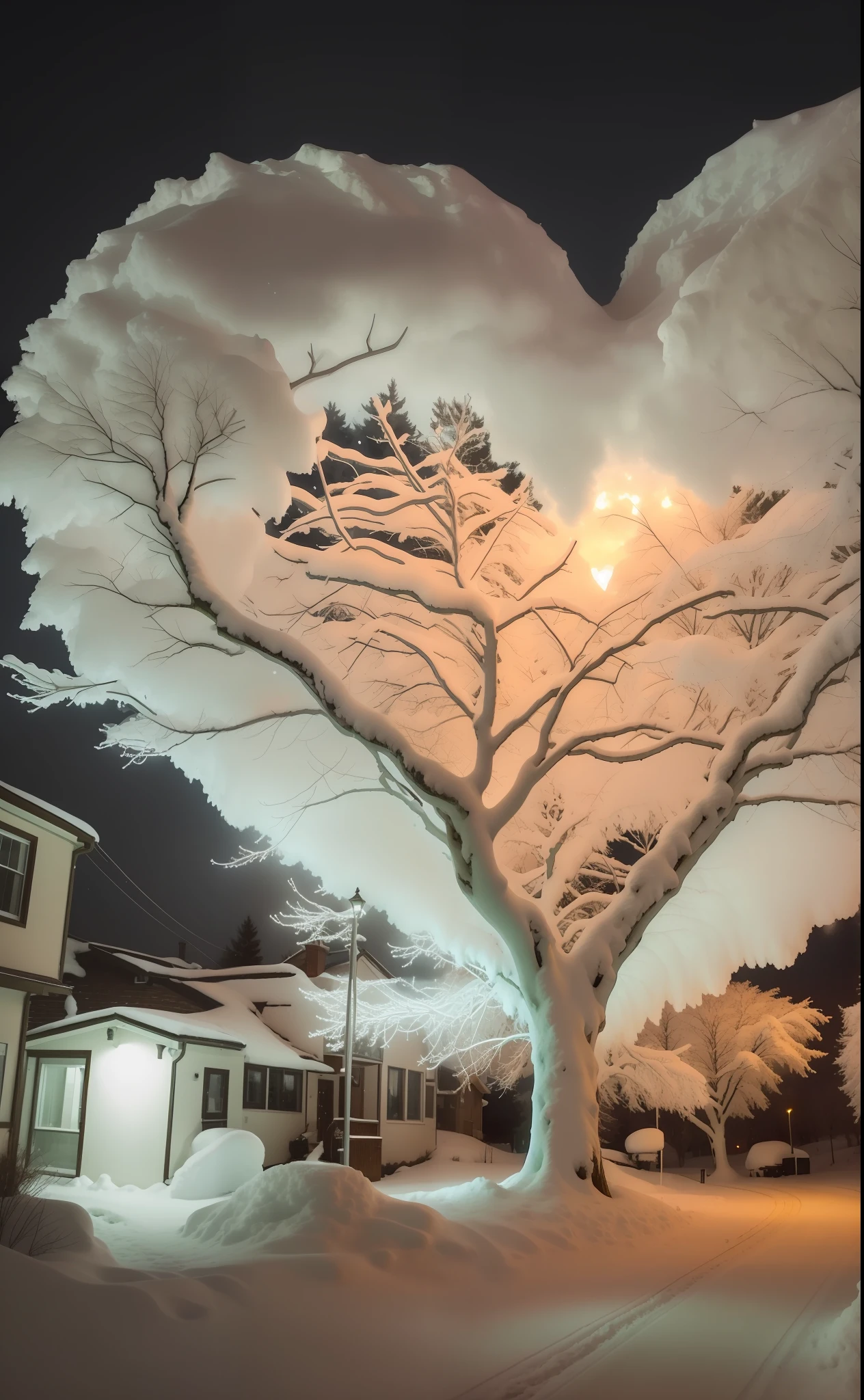 Snowy night view,There is a heart-shaped tree in the middle of the road, breath - taking beautiful trees, breath-taking beautiful trees, Magical tree, A beautiful tree, amazing lighting effect, giant white tree, Unbelievably beautiful, Beautiful trees, extremely beautiful lighting, beautiful image ever created, weird alien trees, glowing veins of white, Amazing, beautiful art, glowing snow