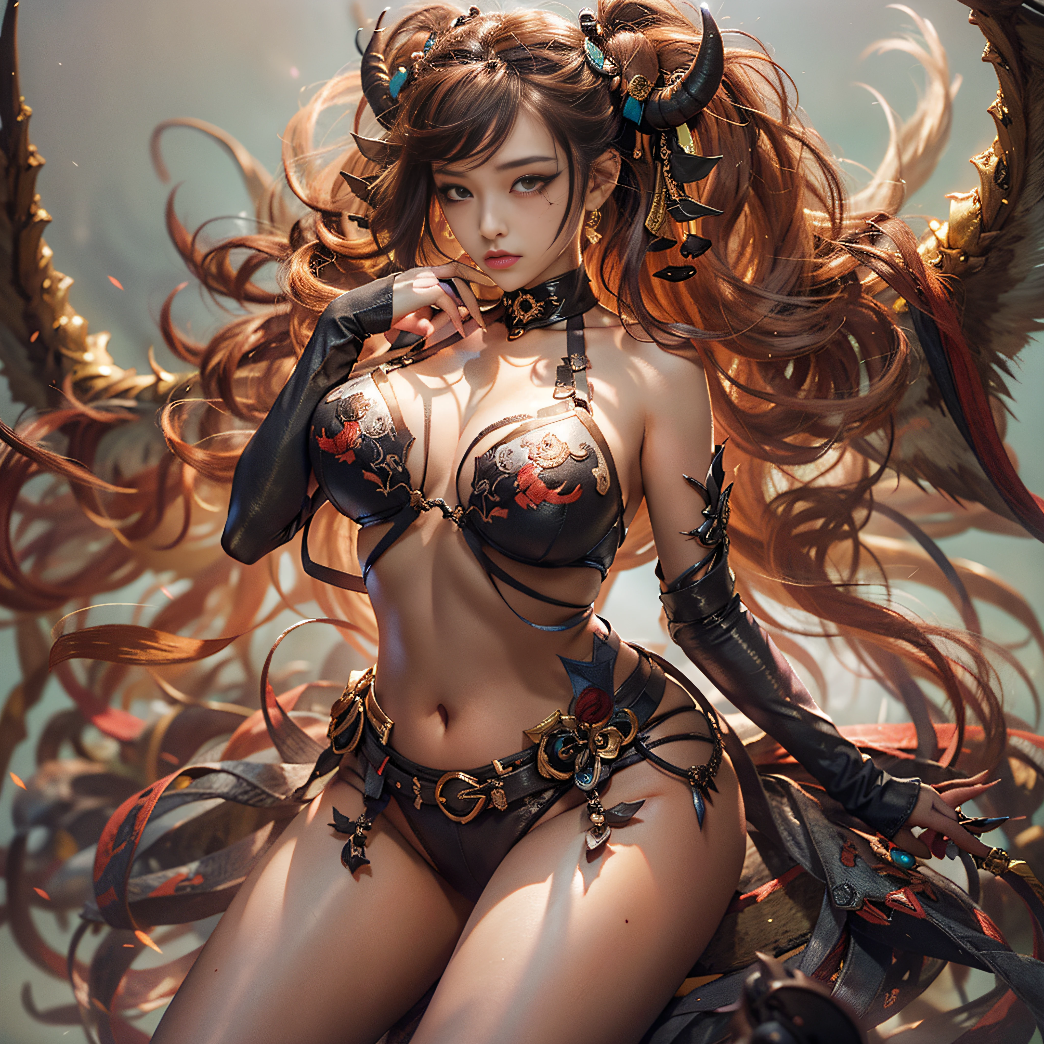 Succubus Maiden, Plump body, The Mark of the Succubus, Color expressions, demon tail, Sexy clothes, sexyposture, shiny hair, heavy breathing, full blush, gradient hair, hair one side up, kanzashi, mole under eye, high detail, depth of field, sparkle, chiaroscuro, ray tracing, lens flare, Sony FE, Baroque, best quality, textured skin, highres