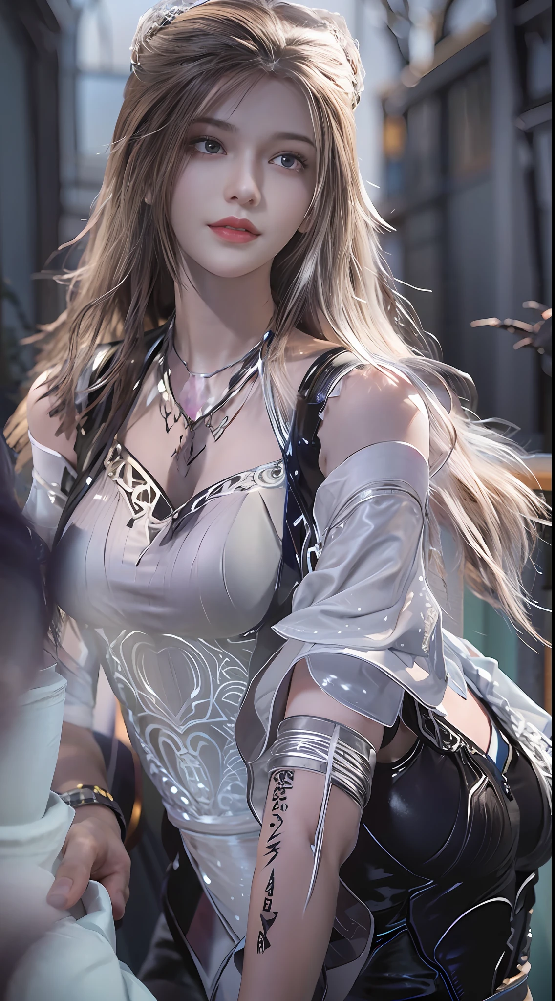 UHD, masterpiece, ccurate, textured skin, high details, super detail, high quality, best quality, highres, HD, 16k Urban Beautiful Girl College Student，tmasterpiece，Light makeup，Redlip，black color hair，Messy long hair，streets background，gracefulness，elegance。ultra fine detailed，Works of masters，Authentic texture，Cinematic lighting realism，perfect works，8k，k hd，Delicate facial features，White tight open-cut top，Clear white skinny shorts，Slim figure，big bright eyes，Smooth skin，eardrop，choker necklace，Tattooed with