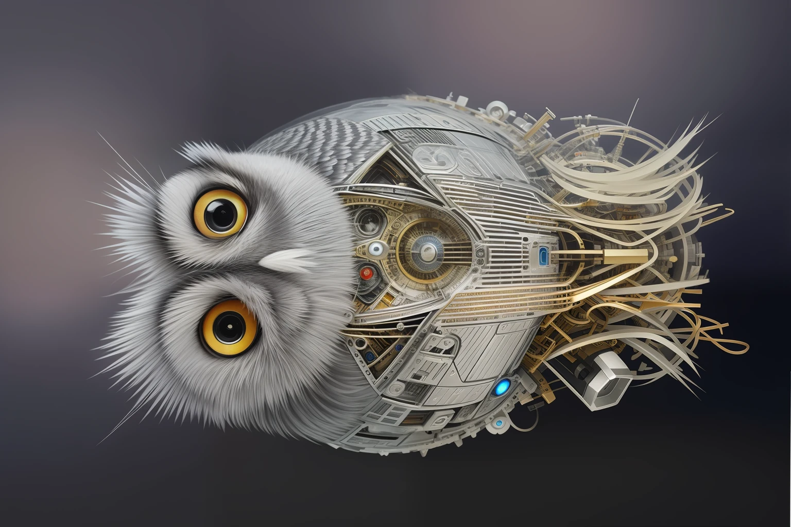 There is a picture of an owl with a very large head, Mechanical owl, Hyperdetailed painting, Surreal robot owl, highly detailed 4 k painting, jisu choe, highly detailed art, highly details, Highly detailed painting, andi rusu, high detail artwork, author：Anson Maddox, kris kuksi, an ultrafine painting, bo xun ling --auto