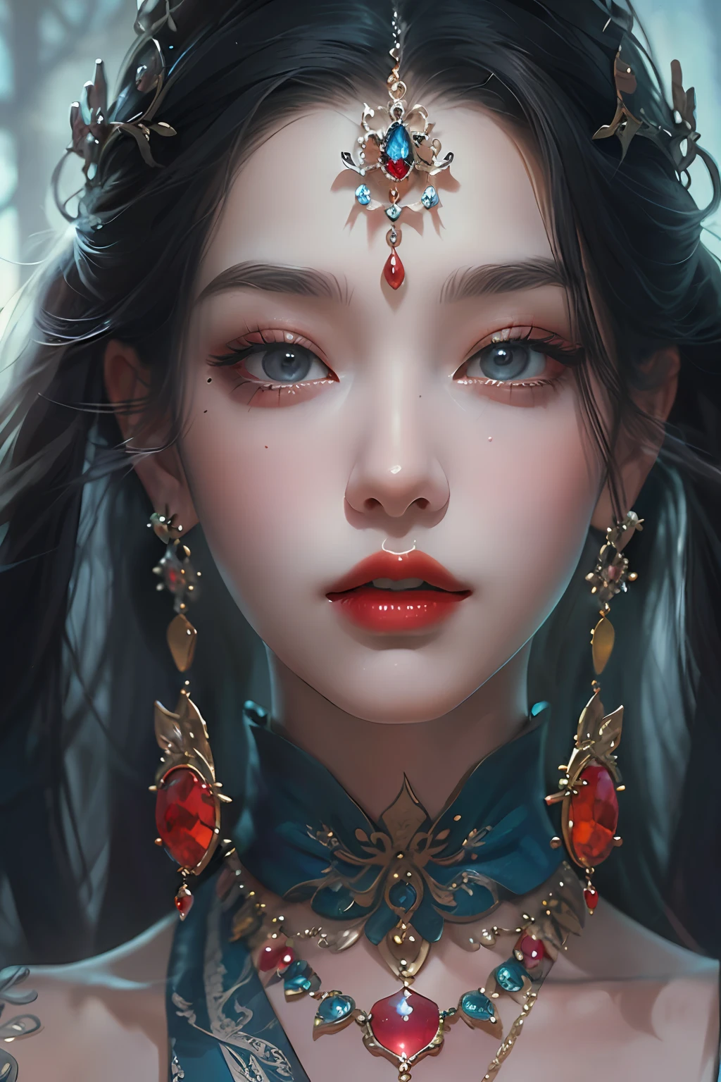 A woman with long black hair wearing a necklace and earrings, a digital painting inspired by Du Qiong, Trend of CGsociety, Fantasy art, ((a beautiful fantasy empress)), in the art style of bowater, Fantasy art style, a beautiful fantasy empress, Beautiful and elegant queen, beautiful fantasy art portrait, digital fantasy art ), 8k,Red lips,blue gem,