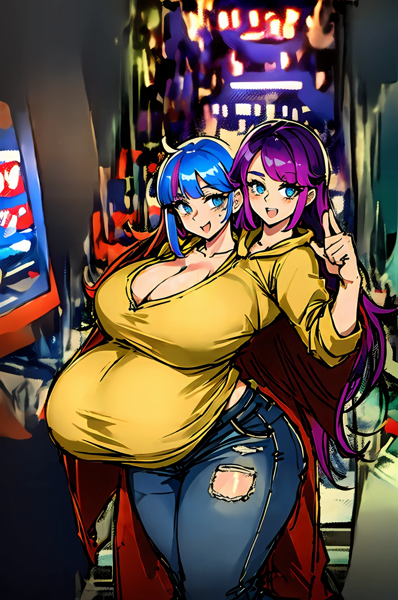 2heads, a short chubby woman with 2 heads. She has enormous breasts. She is in an arcade lit only by arcade machines. She is wearing a loose hoodie and jeans. She is colorful. She has gigantic breasts. She is short. She looks energetic. Huge breasts.