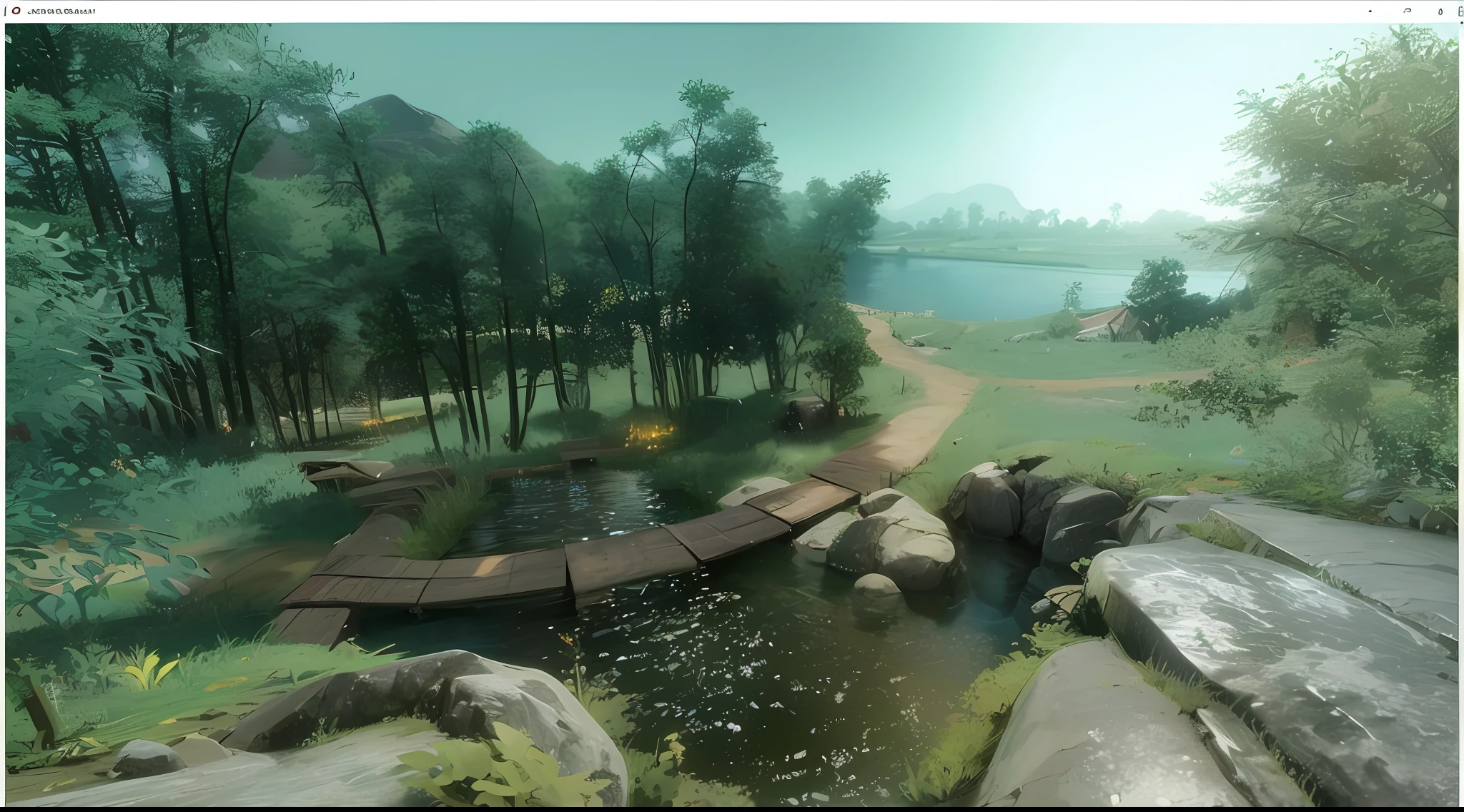 There is a small bridge over the creek in the forest, 3 d virtual landscape painting, highly detailed environments, rendered in cryengine, Complex detailed environment, cryengine, game environment design, game environment, detailed scenic view, ultradetailed environment, beautiful screenshot, unreal 4 screenshot, Beautiful rendering of the Tang Dynasty, quiet and serene atmosphere, hyper-realistic environment