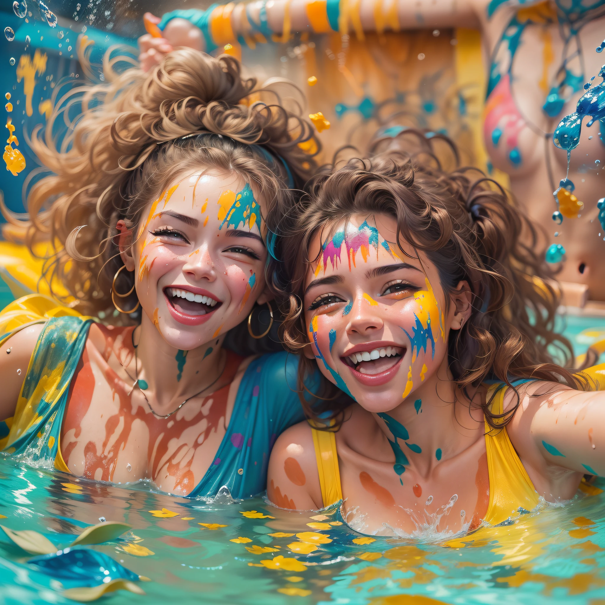 Nesta imagem, duas melhores amigas, Lily e Emily, They're having fun in a pool full of colorful paint. Com grandes sorrisos em seus rostos, eles alegremente jogam tinta um no outro, Creating a vibrant and artistic pool party scene.