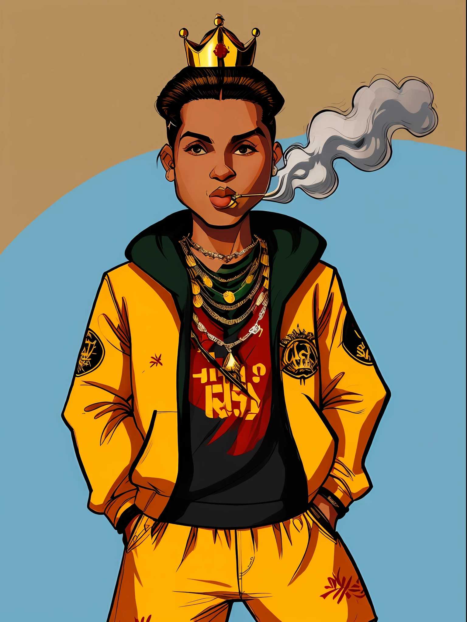 Picture of boy standing, vestindo roupas estilo hip-hop, caixas de som, Estilo anos 90, with a crown on her head, with gold chains around his neck, fumando Canabis