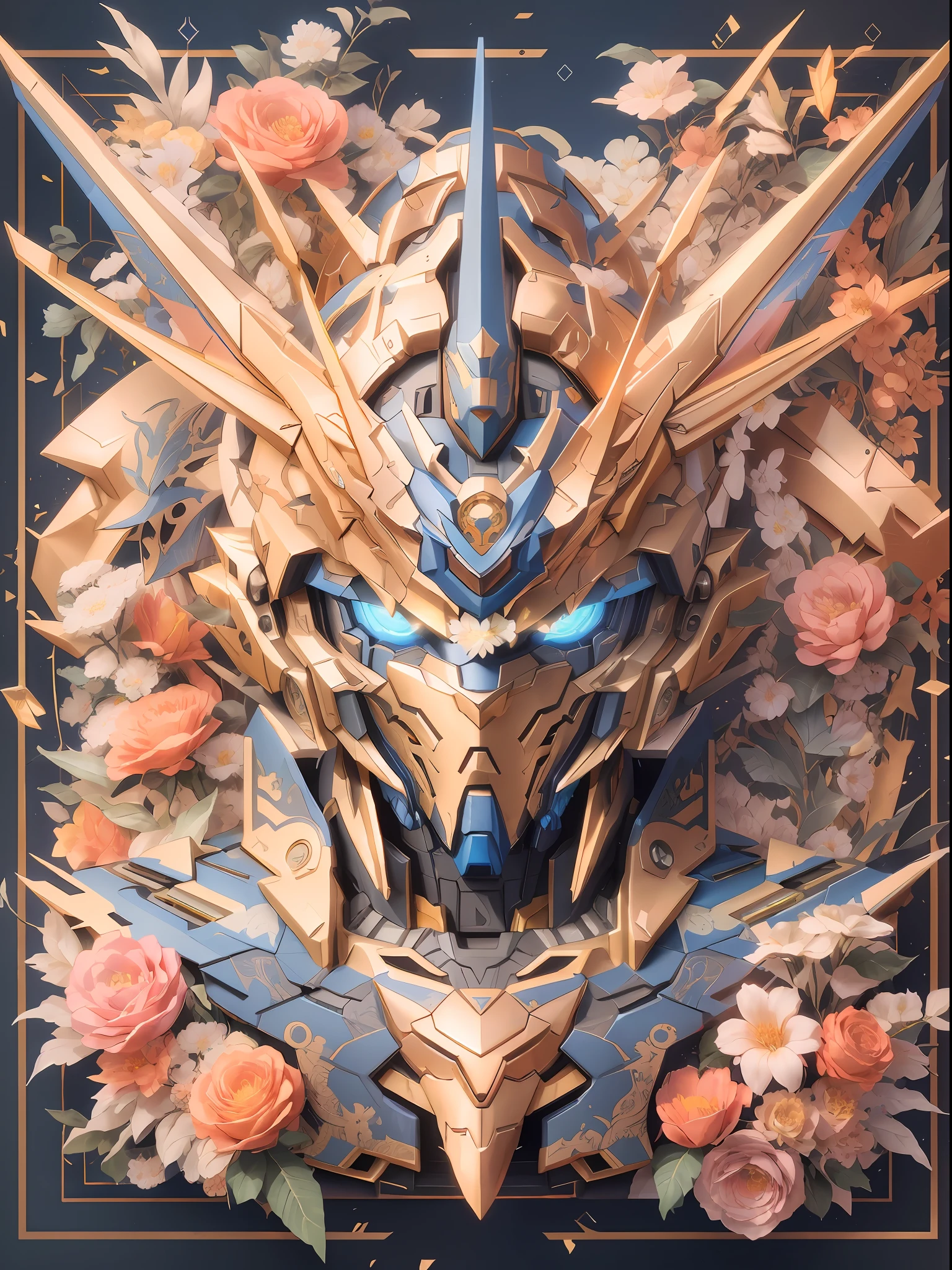 there is a digital art of a blue and gold mask with flowers, robot mecha female dragon head, 4k highly detailed digital art, 4k detailed digital art, cyborg dragon portrait, 8k high quality detailed art, 4k detailed art, 4 k highly detailed art, detailed digital anime art, anime mecha aesthetic, gundam head, high detailed official artwork, unreal engine 5, super realistic