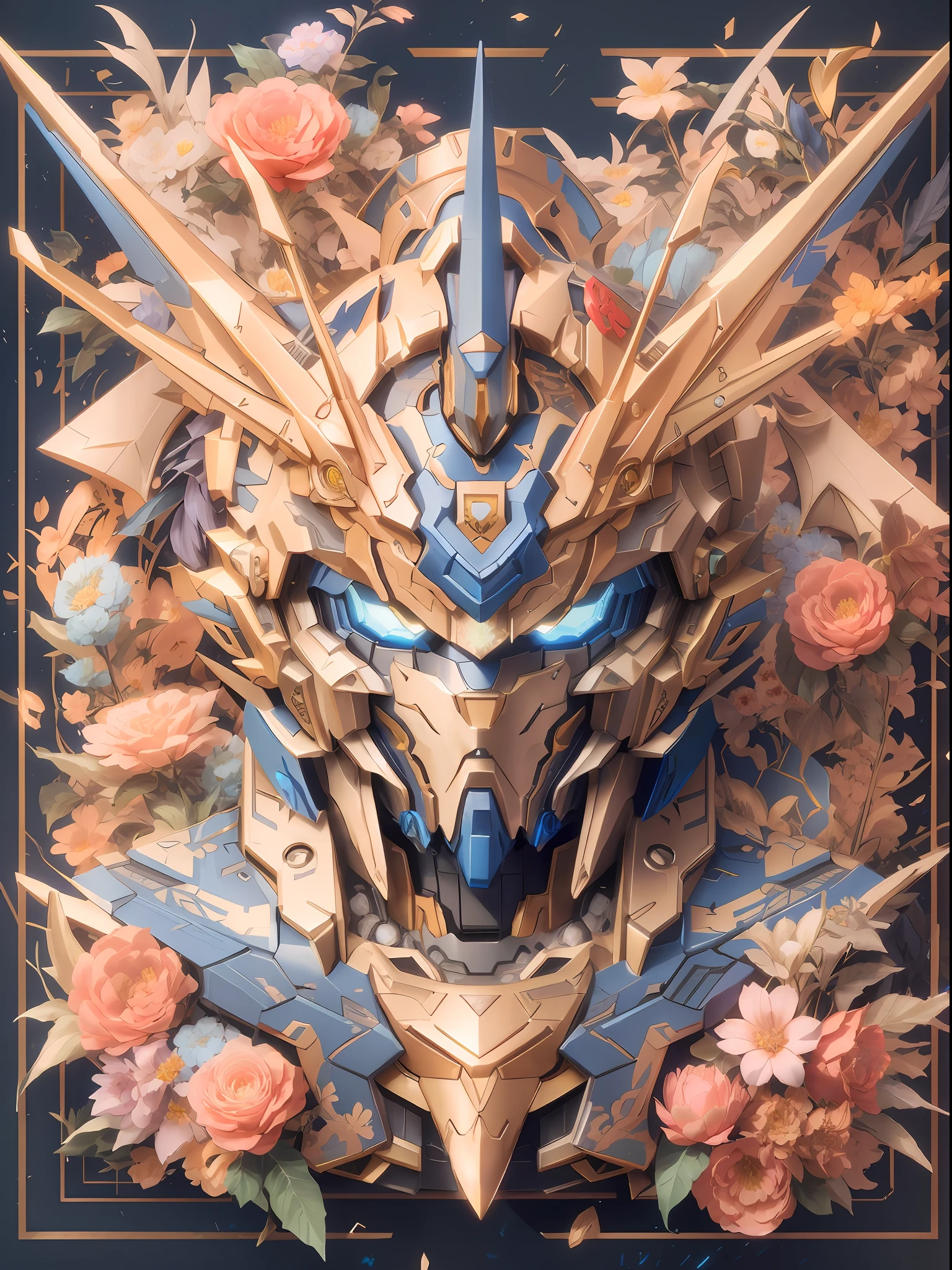 there is a digital art of a blue and gold mask with flowers, robot mecha female dragon head, 4k highly detailed digital art, 4k detailed digital art, cyborg dragon portrait, 8k high quality detailed art, 4k detailed art, 4 k highly detailed art, detailed digital anime art, anime mecha aesthetic, gundam head, high detailed official artwork, unreal engine 5, super realistic