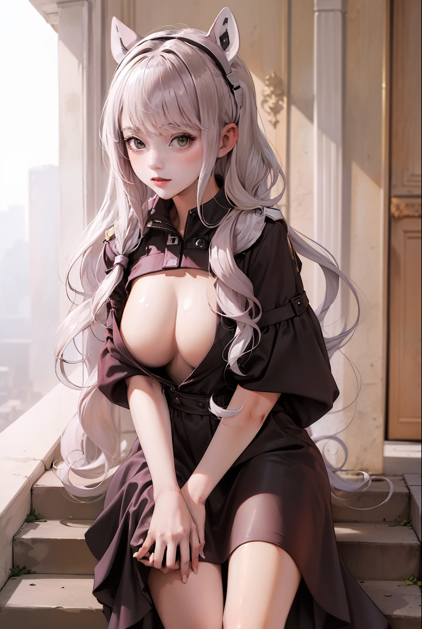 On the stairs stood a beautiful and lovely girl,cabellos largos dorados。Hairline,Overlooking,There are cat ears on the head, black long dress,dress, coming down the stairs, Japan High School, Breast C,Fair skin,Photorealsitic,Detailed body,Masterpiece
