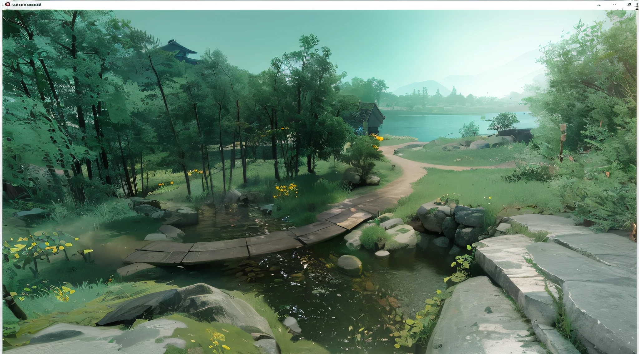 There is a small bridge over the creek in the forest, 3 d virtual landscape painting, highly detailed environments, rendered in cryengine, Complex detailed environment, cryengine, game environment design, game environment, detailed scenic view, ultradetailed environment, beautiful screenshot, unreal 4 screenshot, Beautiful rendering of the Tang Dynasty, quiet and serene atmosphere, hyper-realistic environment