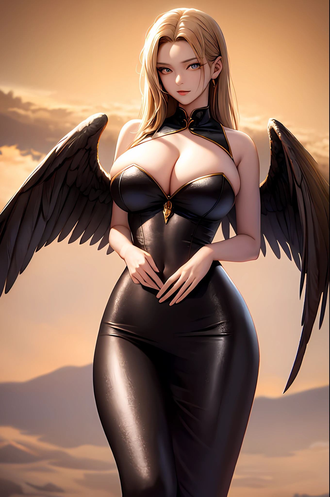 tmasterpiece， Best quality at best， intricately details， a mature female， Holy， angelicales，big cleavage breasts， blond hairbl， glowing light eyes， Gold eyes， a narrow waist， Perfect female body， sfv， Background of details， Stelle， a paradise， Above the clouds，afloat，Fly，fanciful， Raised sexy， standing on your feet， looking at viewert， from below， large wings， Feathered wings， golden colored， 火焰， shift dresses， The light from the back window is backlighted，dynamicposes