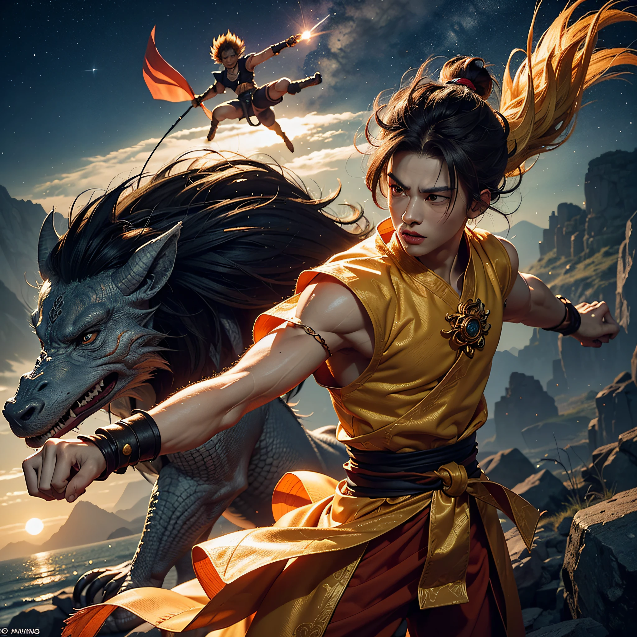 Extremely detailed CG illustration,The combined image of Sun Wukong and Zhuge Liang in the Dragon Ball series,Best Picture Quality,Amazing details,Vivid and dynamic pose,Dashing long sky and cosmic background,Dazzling,Strong close-up,Perfectly showcasing the characteristics and charm of the two characters。