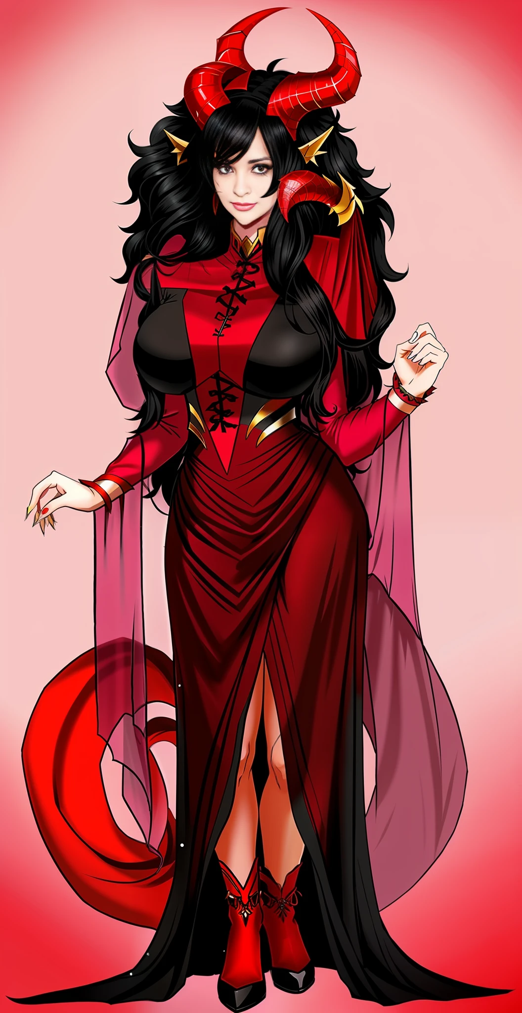 a drawing of a woman in a red dress with horns and a dragon, d & d estilo retrato de corpo inteiro, alguns vermelhos e roxos, full body commission for, d&d character commission, Retrato de personagem DND de corpo inteiro, Commission for High Res, full length illustration, como um caractere dnd, mulher do diabo de corpo inteiro, Inspirado em Kris de Deltarrune