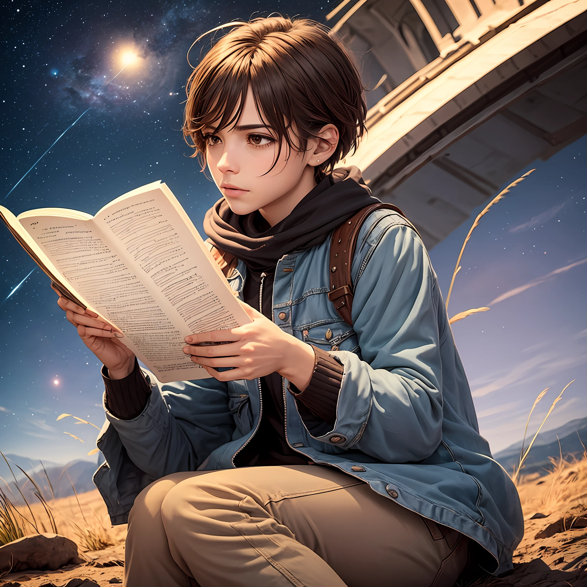 Universo, um rapaz sentado em cima da Terra, lendo um livro --auto