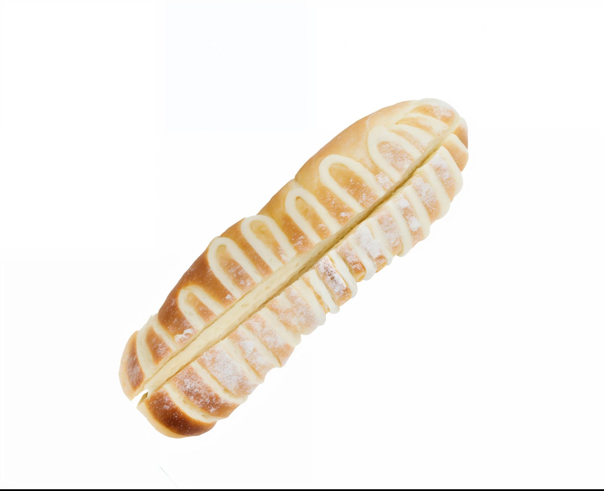 There is a banana，There is frosting on it，The surface is white, baking french baguette, breads, On a white background, breads, gucci bread, holding a baguette, animal - shaped bread, isolated on a white background, lit from the side, patisserie, isolated on white, looking from above, in the shape of a cinnamon roll, hasselblatt, bread type pokemon，Complex background，Bread background