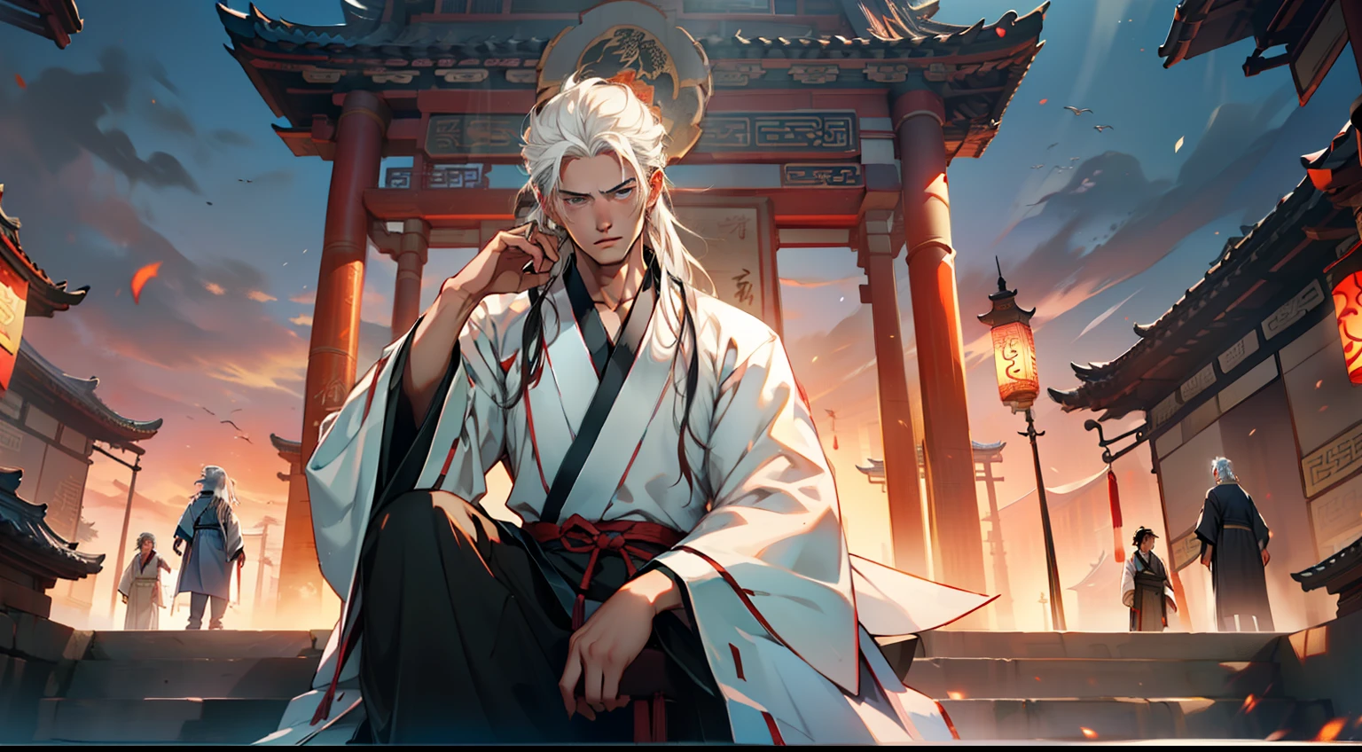 29. (1 person) The boy with (((white hair))), (((white Hanfu youth))), and (((long white hair))) sits on the sacred throne, coldly gazing at the boy with a (((Black coat))), (((Black Hanfu youth))), and (((Black hair))), his eyes shimmering with a hint of skepticism and mockery, as if facing an unpredictable challenger. (Background: The magnificent imperial palace of ancient China)