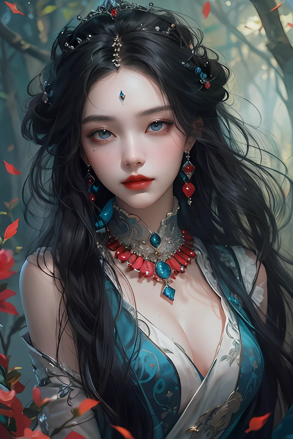 A woman with long black hair wearing a necklace and earrings,Red lips，blue gem，largeeyes，黑The eye， in the art style of bowater, ((a beautiful fantasy empress)), digital art of an elegant, elegant digital painting, by Yang J, she is the queen of black roses, Exquisite digital illustration, Beautiful digital illustration, Fantasy art style, Guviz-style artwork