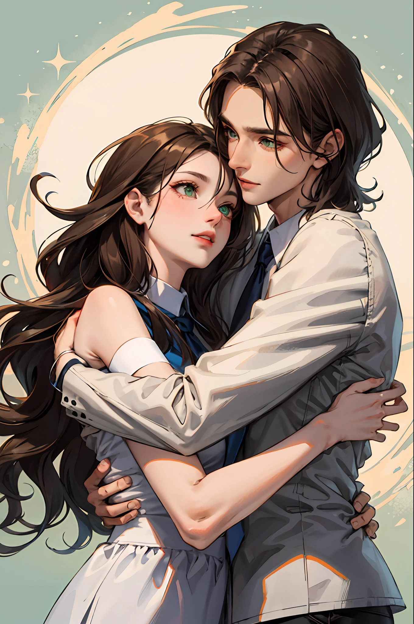 1 belo homem vestindo um terno preto,olhos expressivos,com cabelo curto e escuro levemente caindo em sua testa,hugging his wife who has wavy brown hair,olhos verdes expressivos