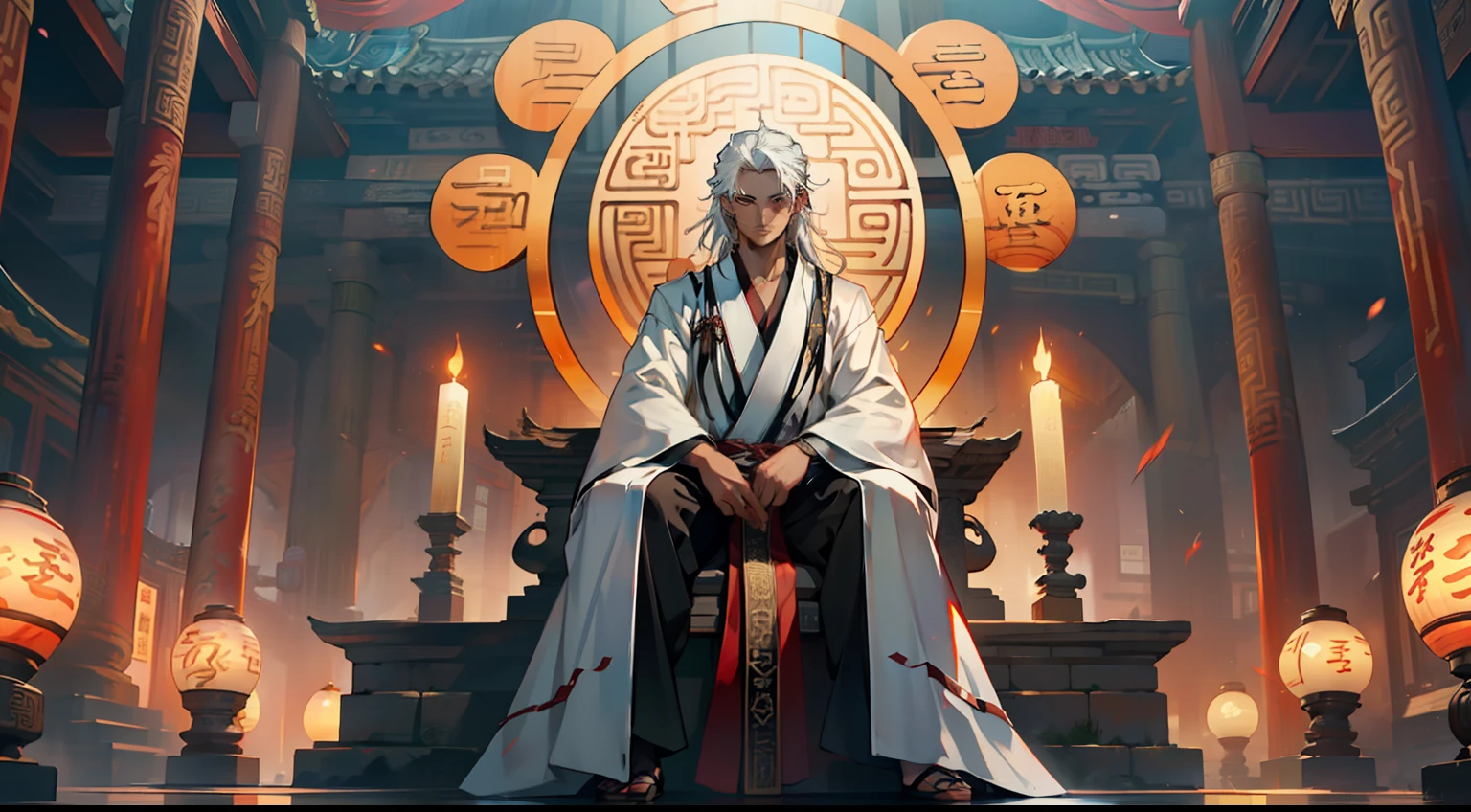 29. (1 person) The boy with (((white hair))), (((white Hanfu youth))), and (((long white hair))) sits on the sacred throne, coldly gazing at the boy with a (((Black coat))), (((Black Hanfu youth))), and (((Black hair))), his eyes shimmering with a hint of skepticism and mockery, as if facing an unpredictable challenger. (Background: The magnificent imperial palace of ancient China)