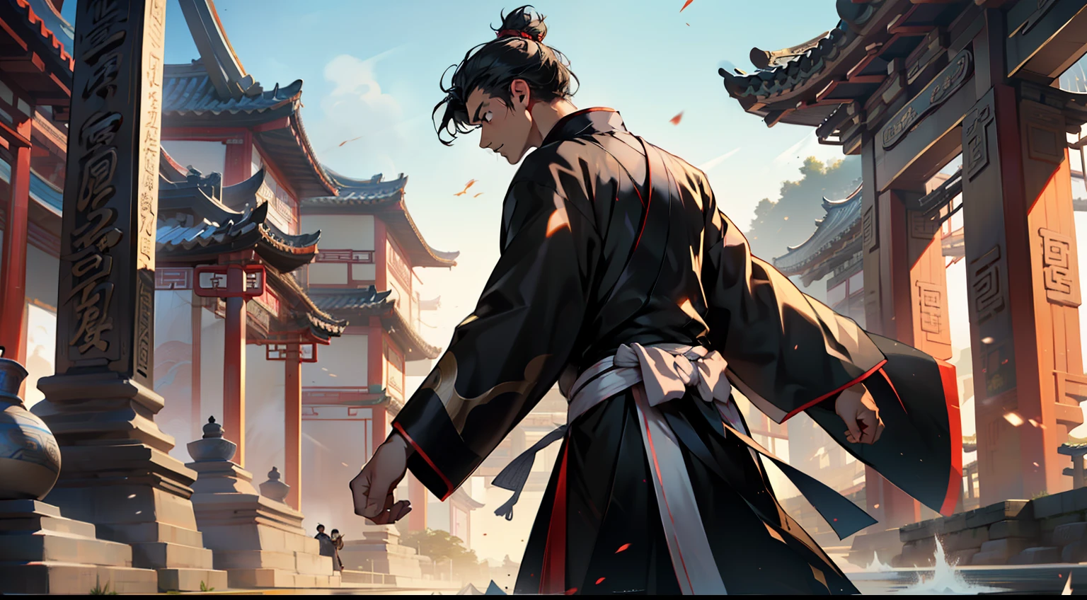 30. (1 person) The boy with a (((Black coat))), (((Black Hanfu youth))), and (((Black hair))) exudes a grand majesty, with a vow to forge an illustrious future with unwavering determination. (Background: The magnificent imperial palace of ancient China)